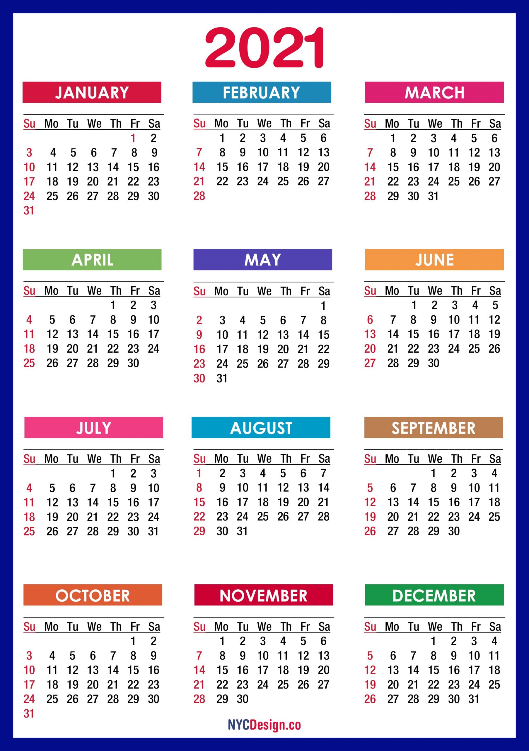 2021 Calendar Printable Free PDF Colorful Blue Green