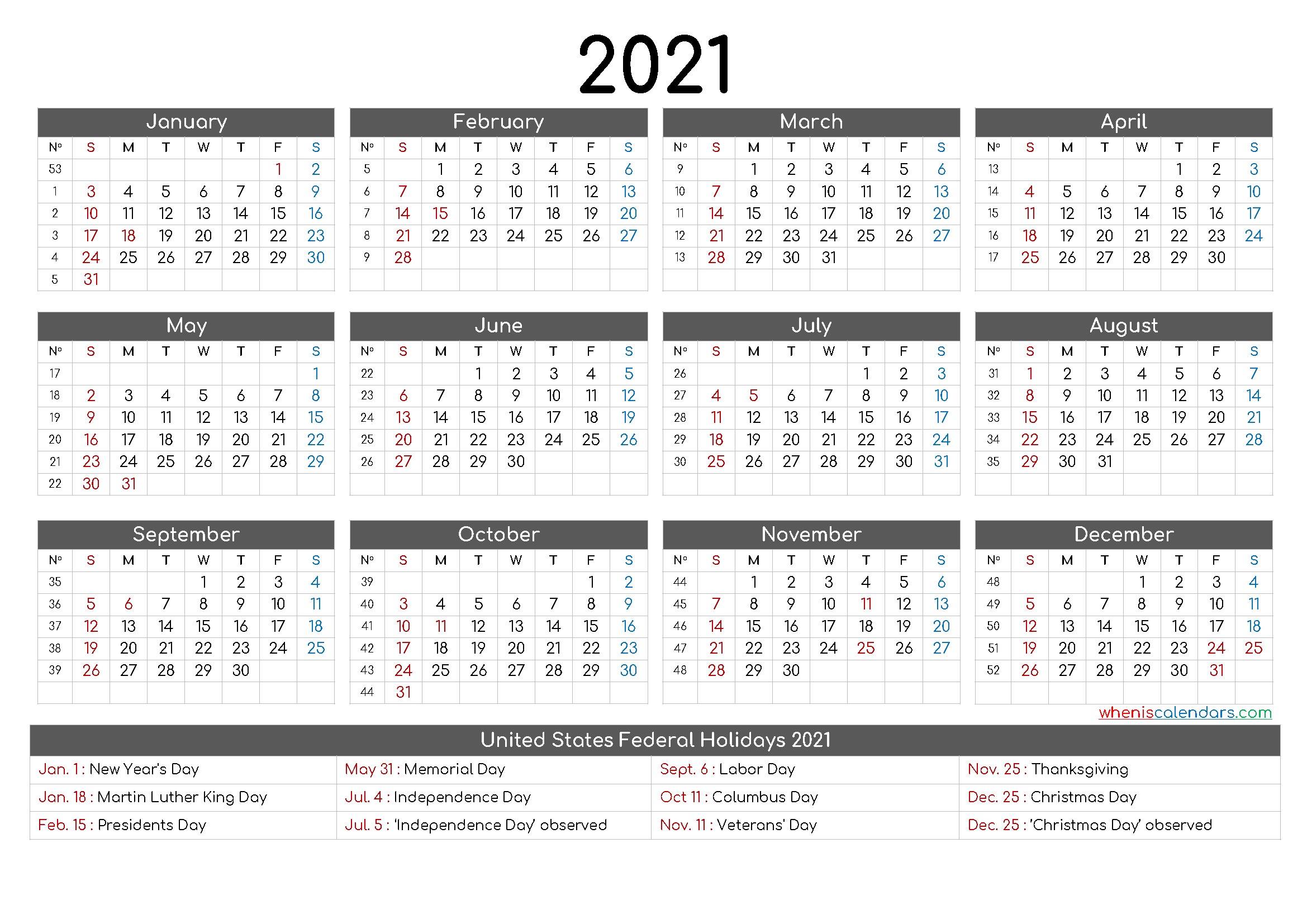 Free Printable 12 Month Calendar 2021 – 12 Templates – Free