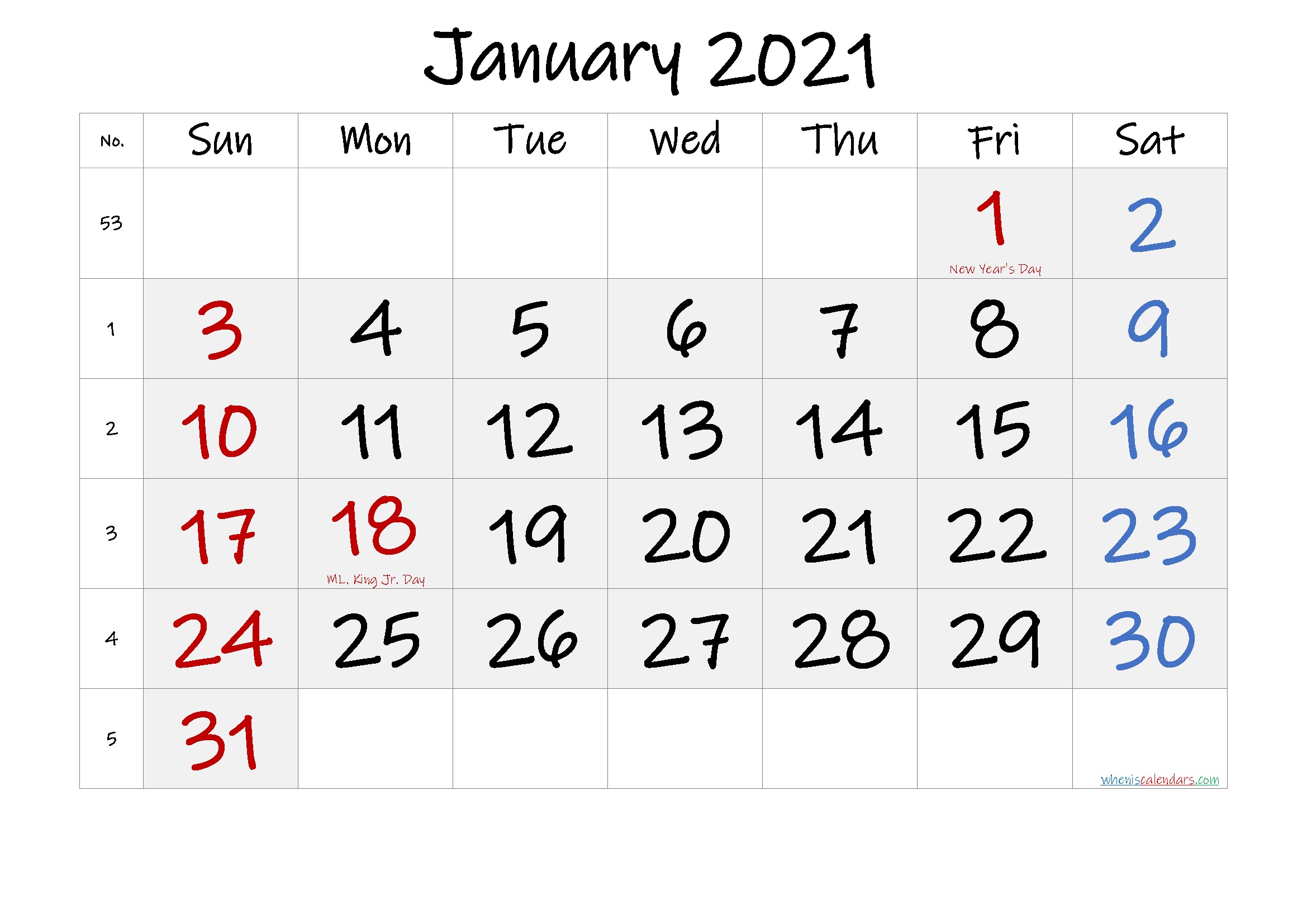 Free Printable JANUARY 2021 Calendar with Holidays – 6