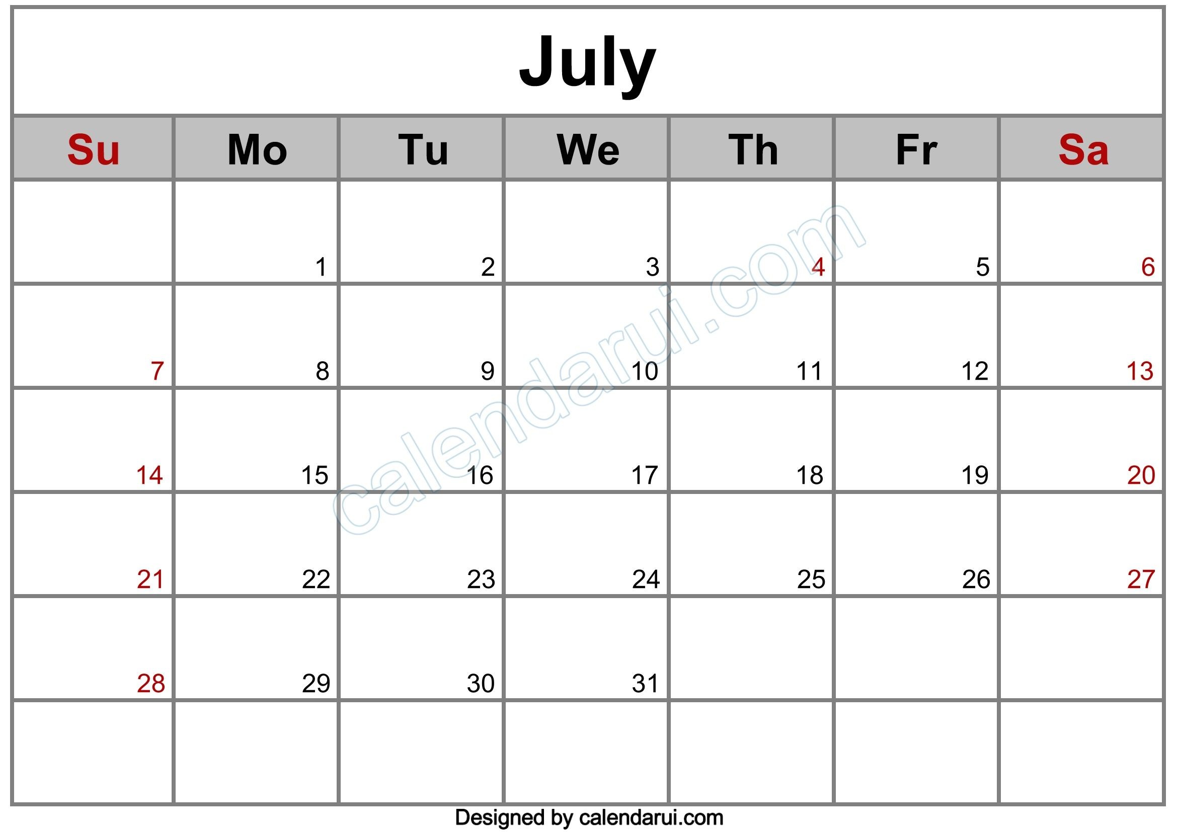 7 July Blank Calendar Template Example