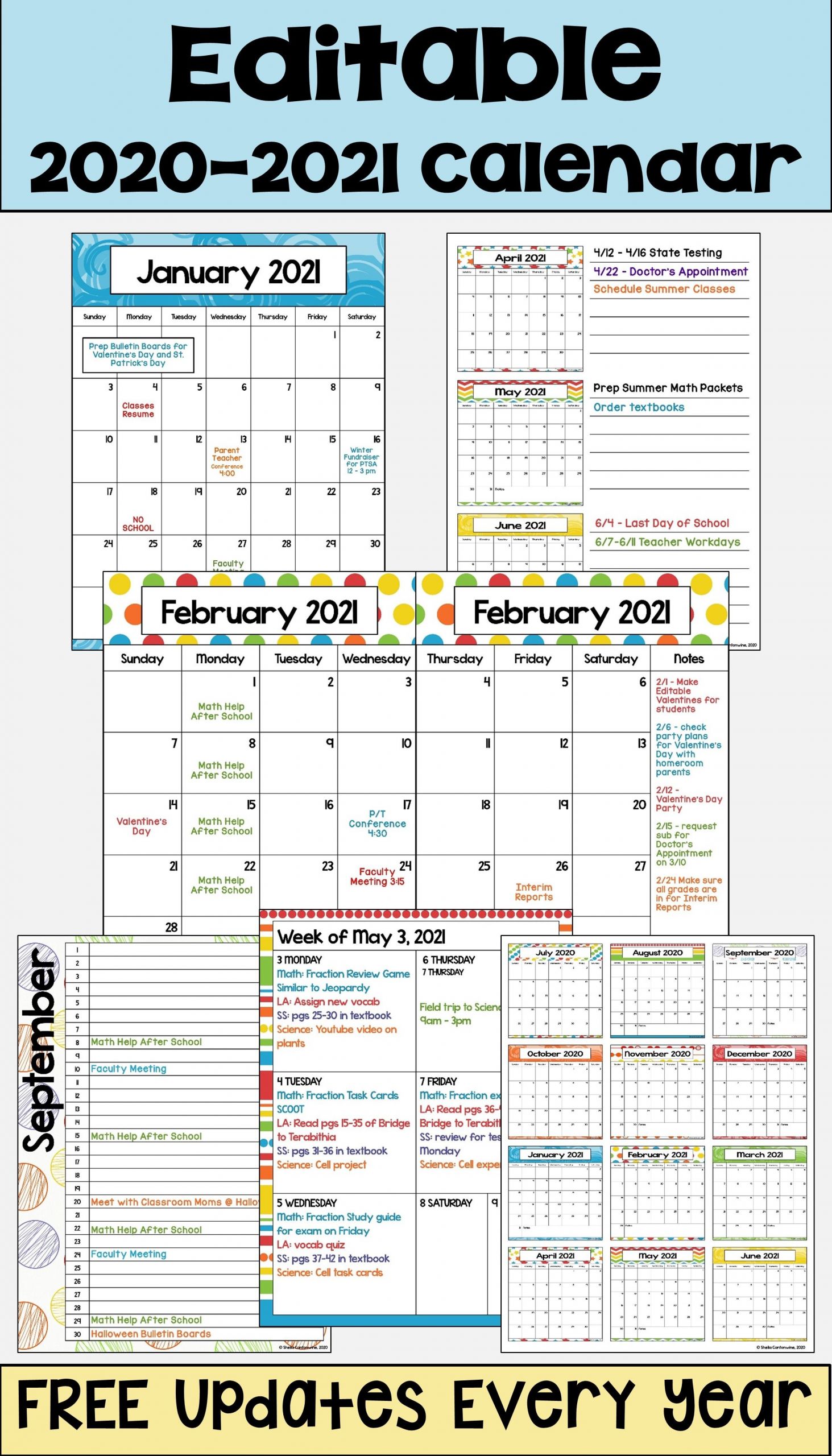 Editable 2020 2021 Calendar with 6 Layouts and Free Updates