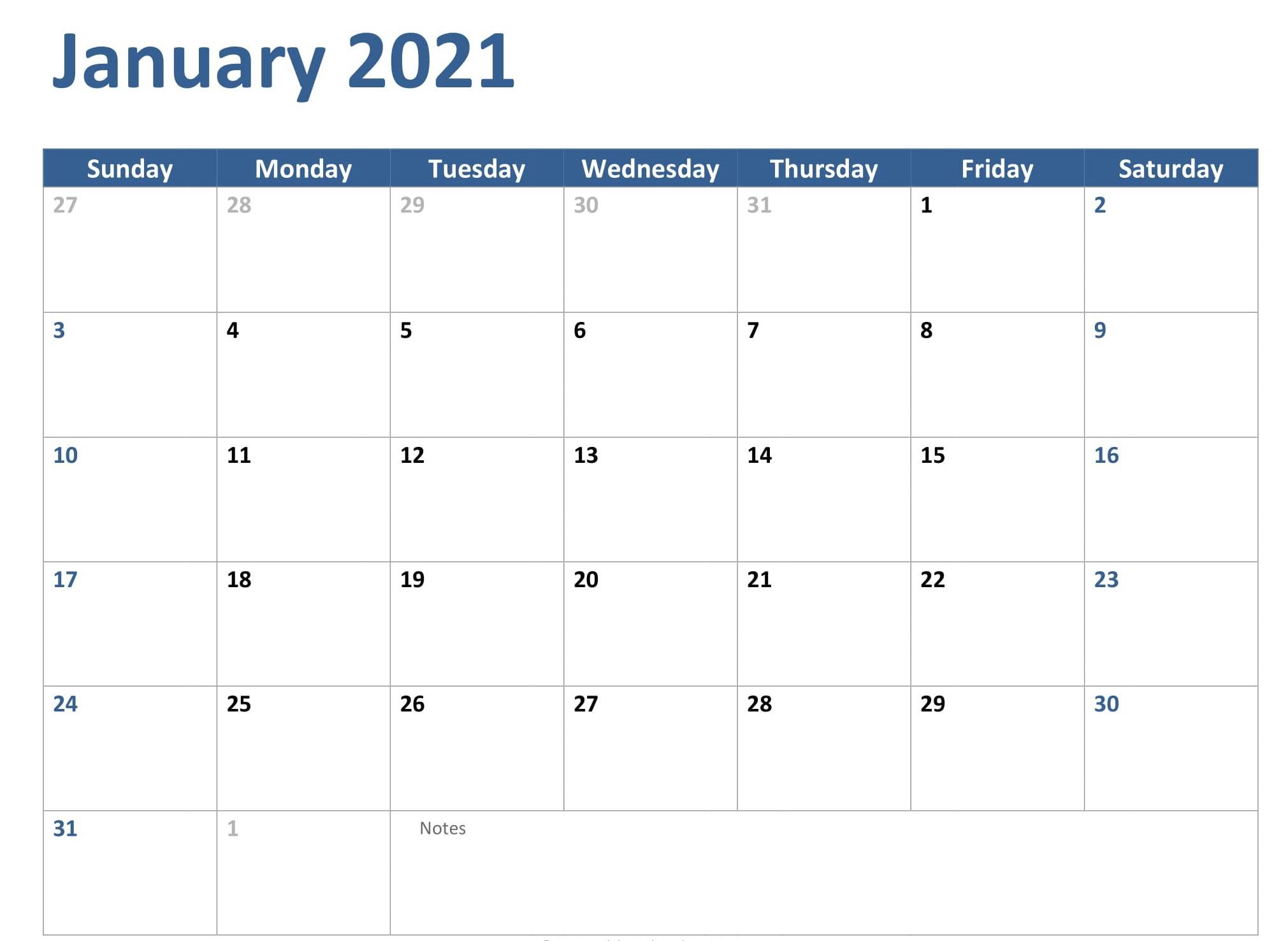 Printable January 2021 Calendar Template for fice & Home