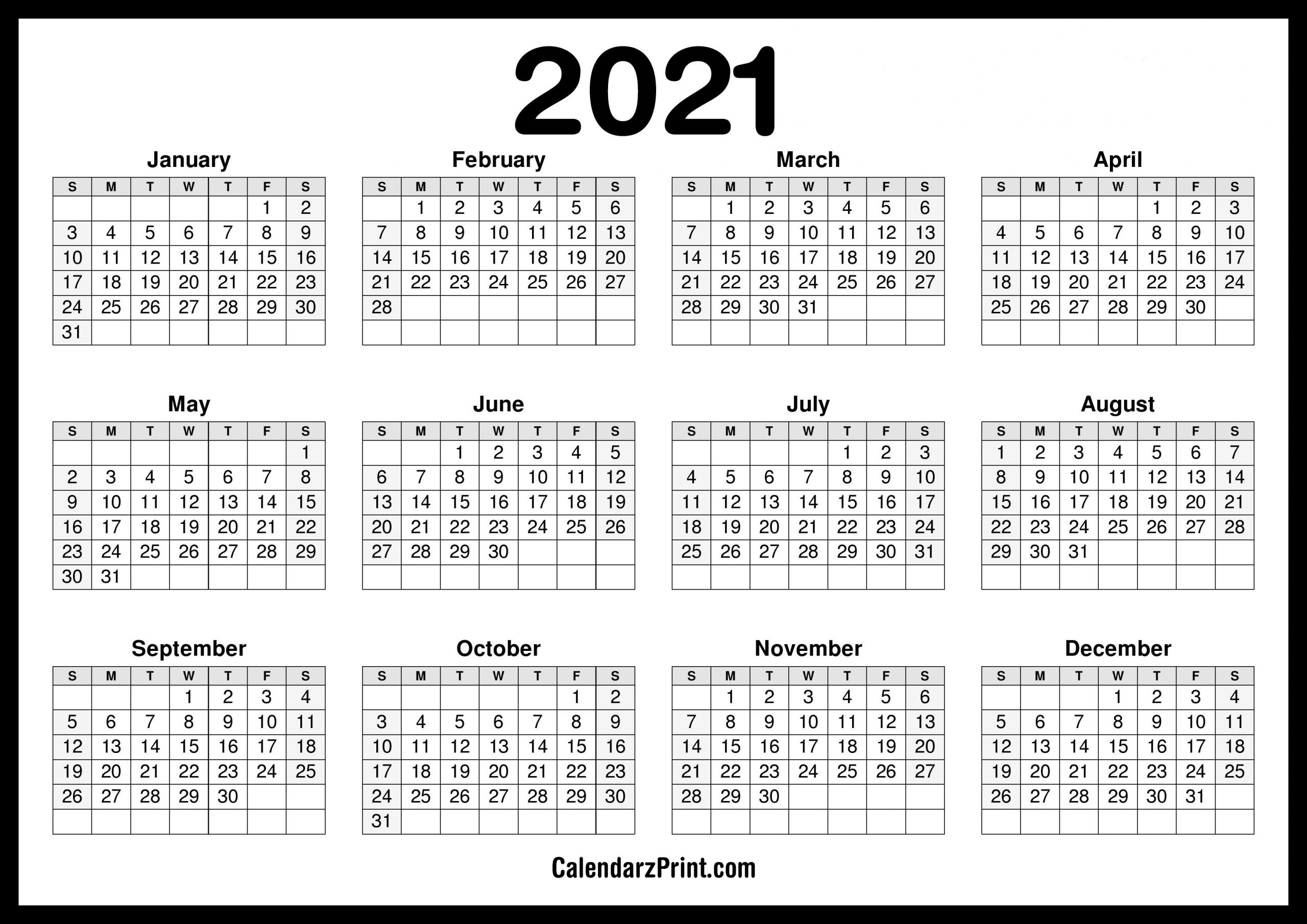 2021 Calendar Printable Free Horizontal HD Black