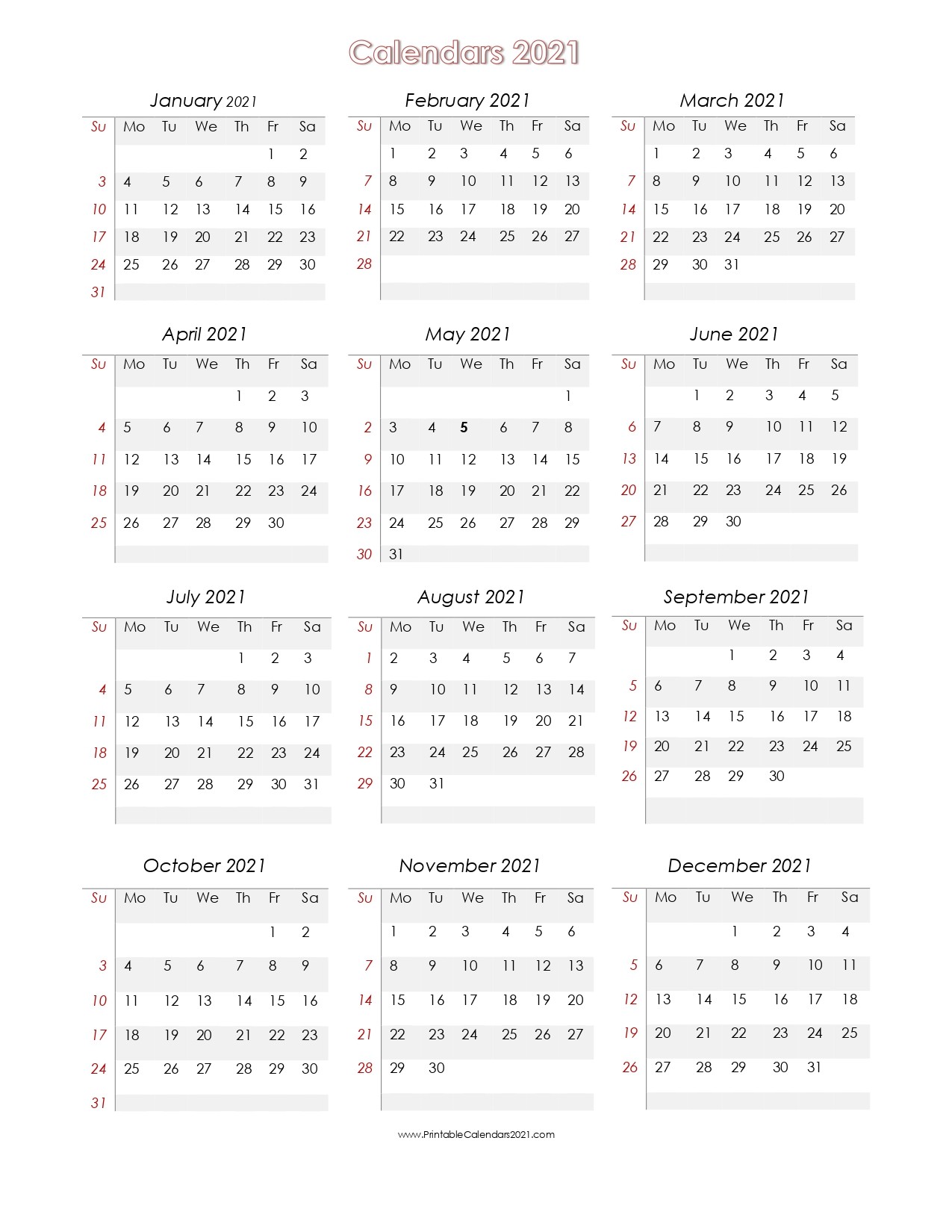 56 Printable Calendar 2021 e Page US 2021 Calendar