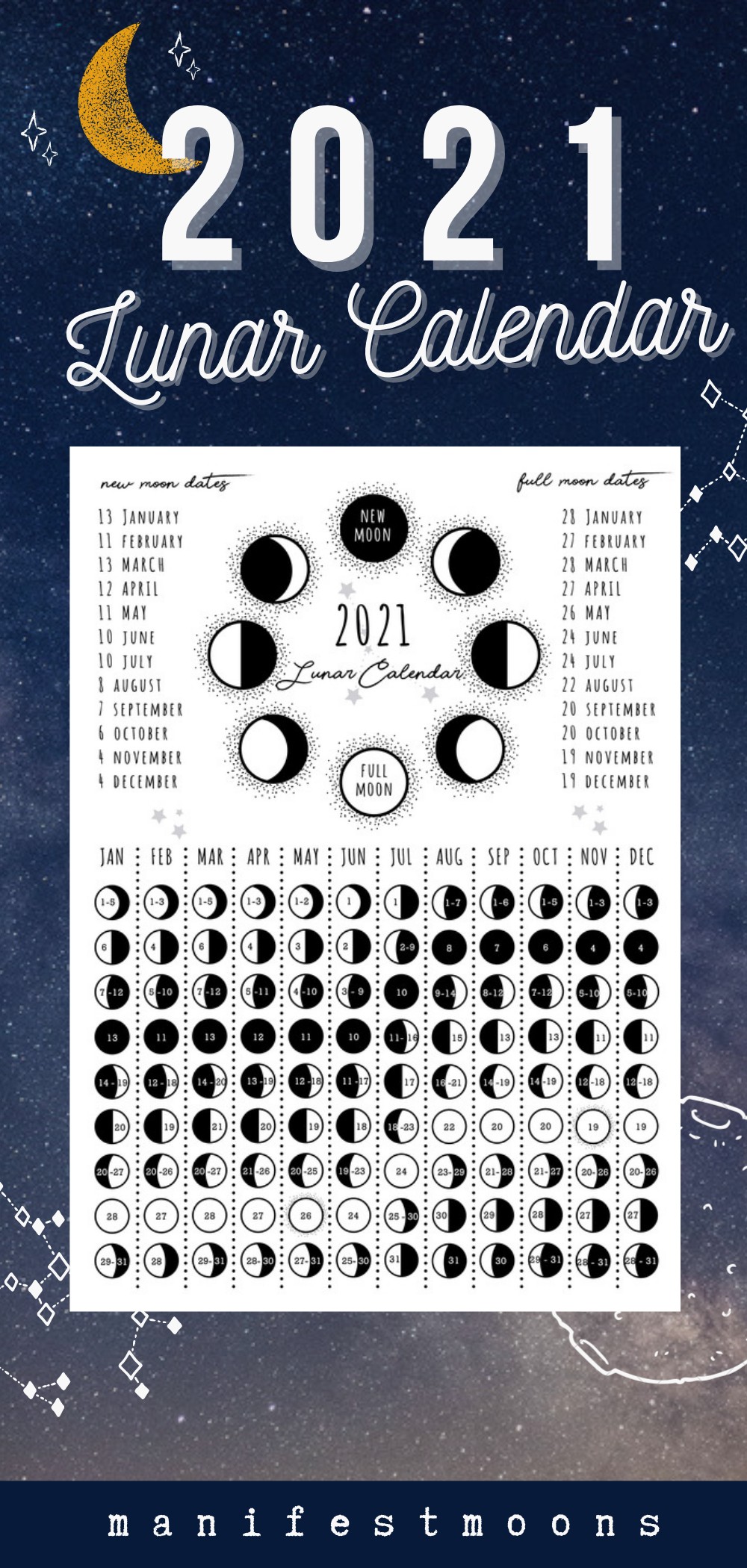 2021 Lunar Phase Calendar Printable Calendar Vertical Moon