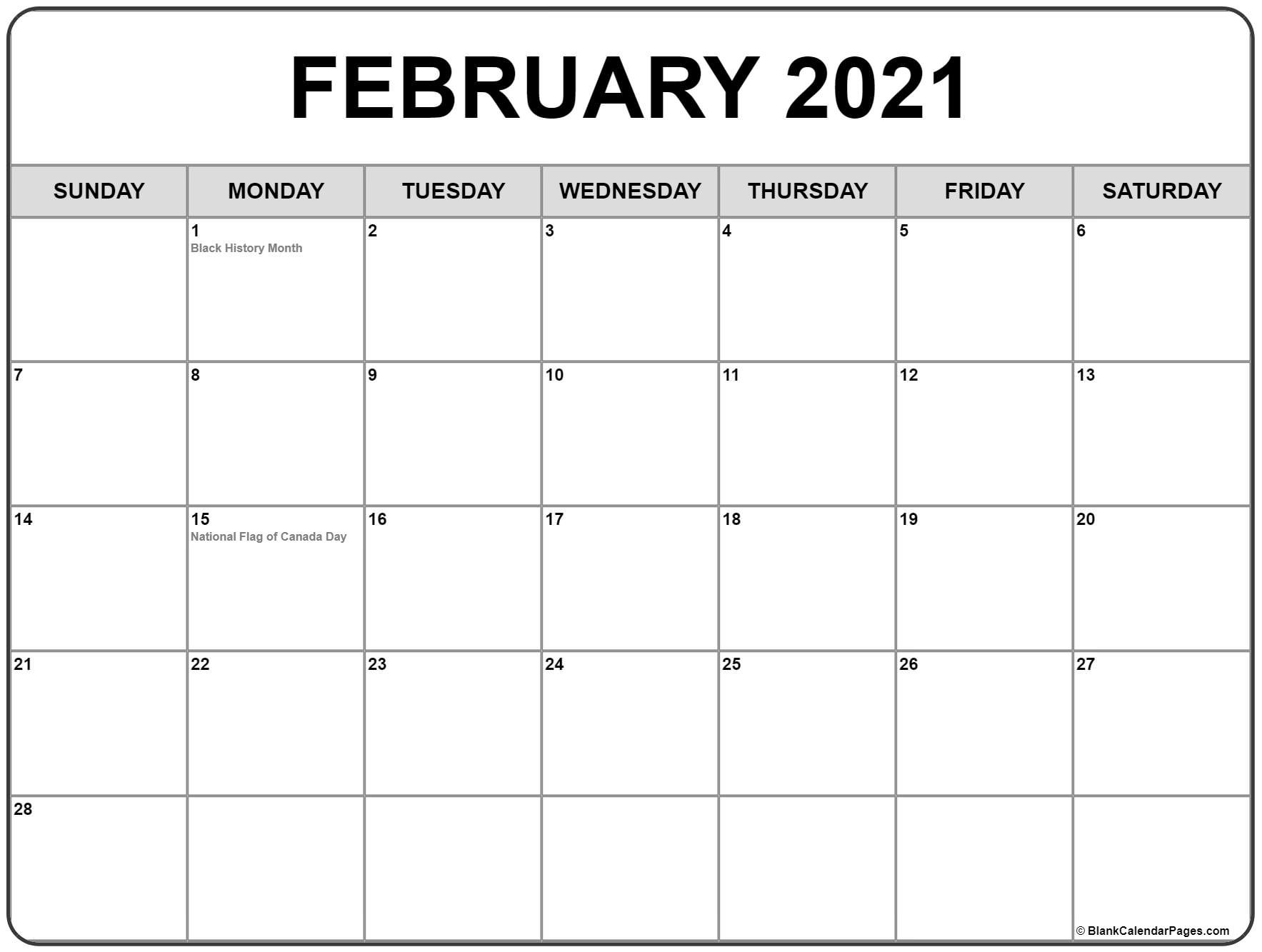 February 2021 calendar with holidays