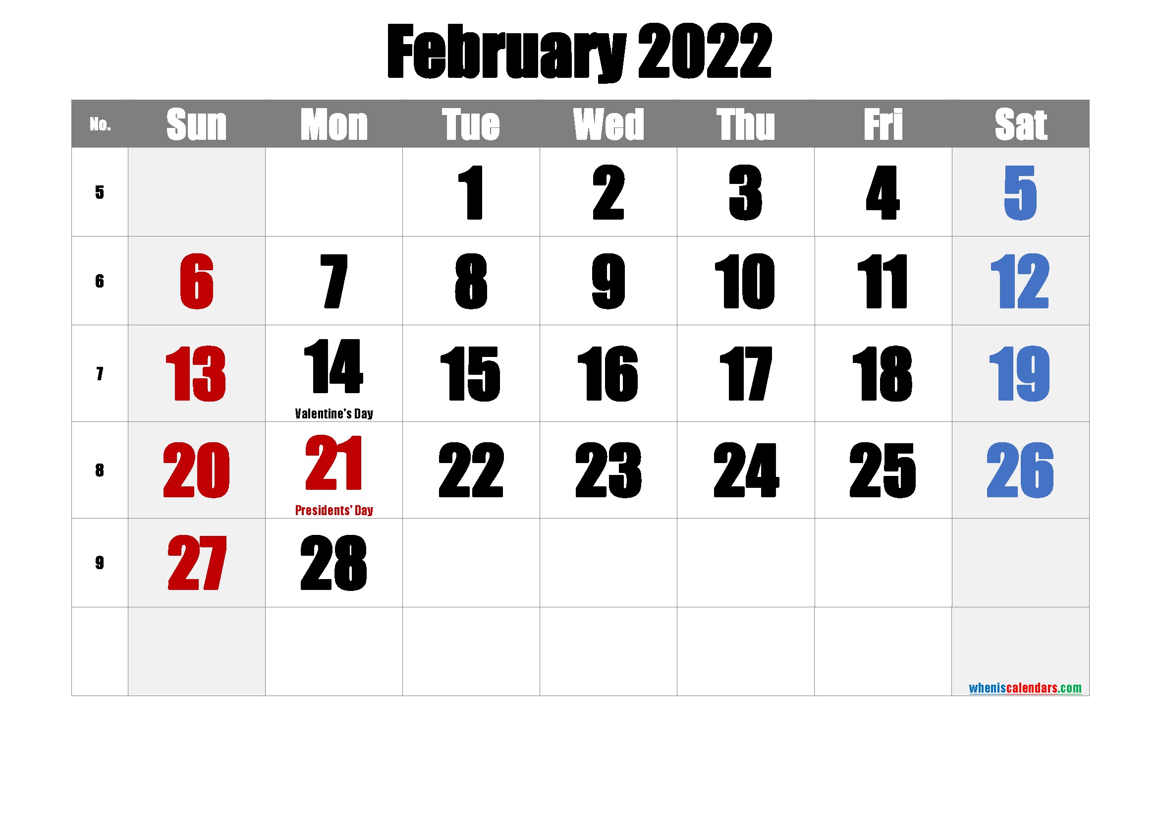 Free Printable February 2022 Calendar PDF and PNG
