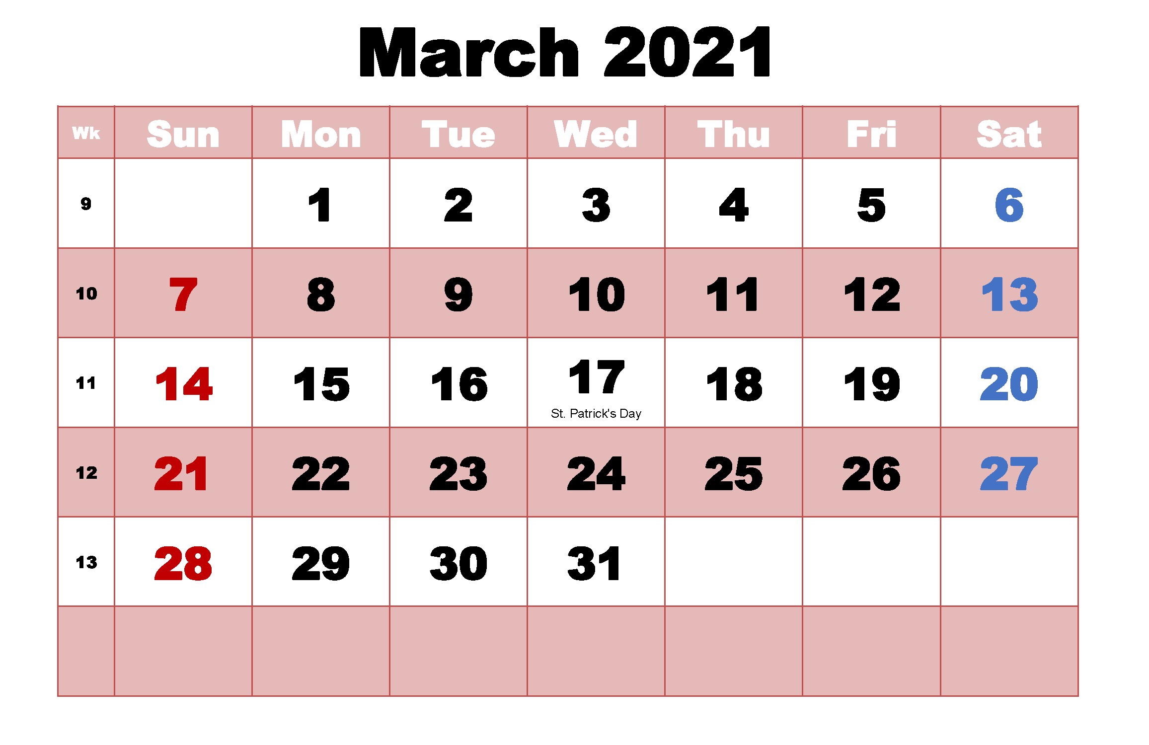 March 2021 Calendar Cute