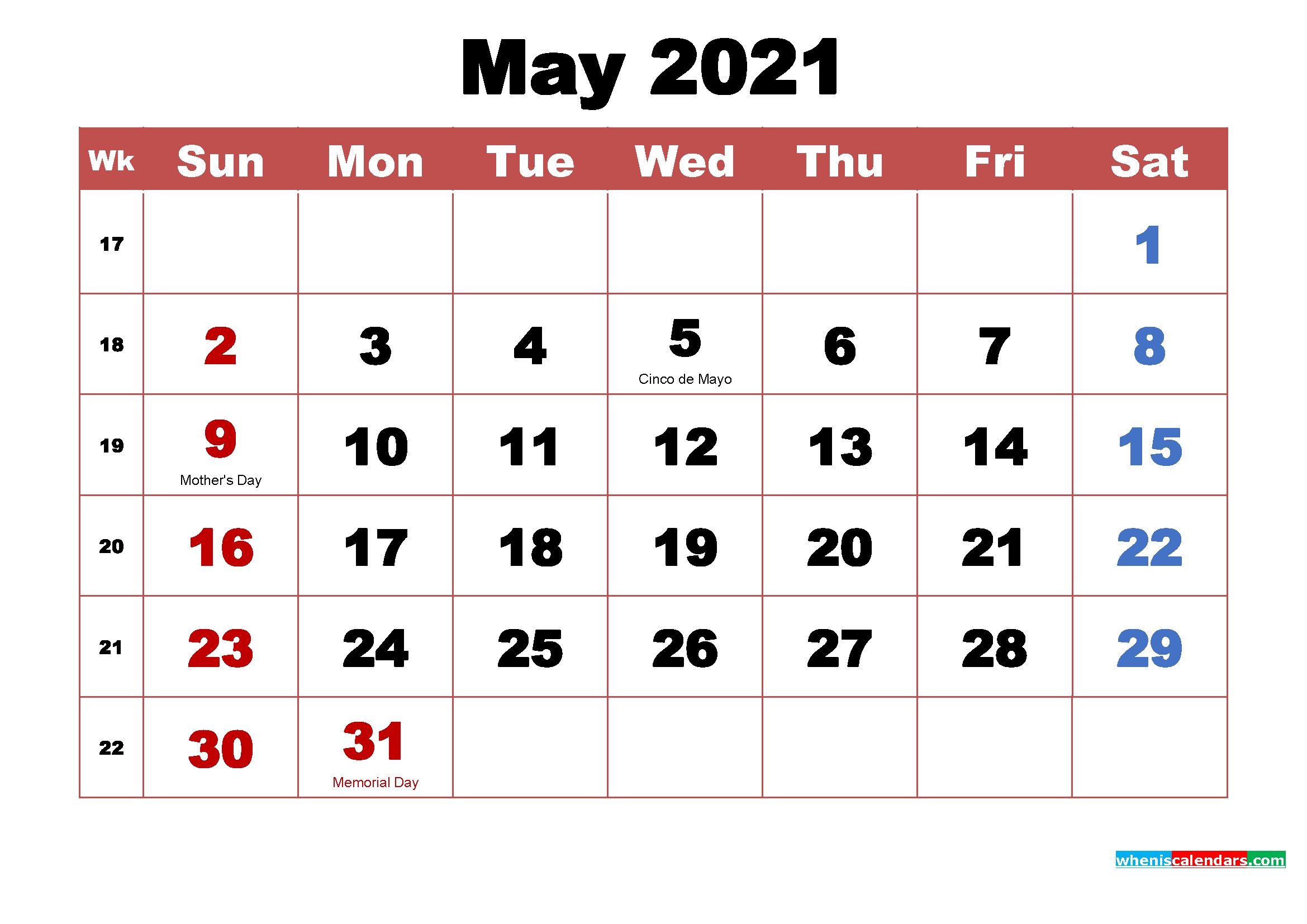 May 2021 Calendar with Holidays Printable