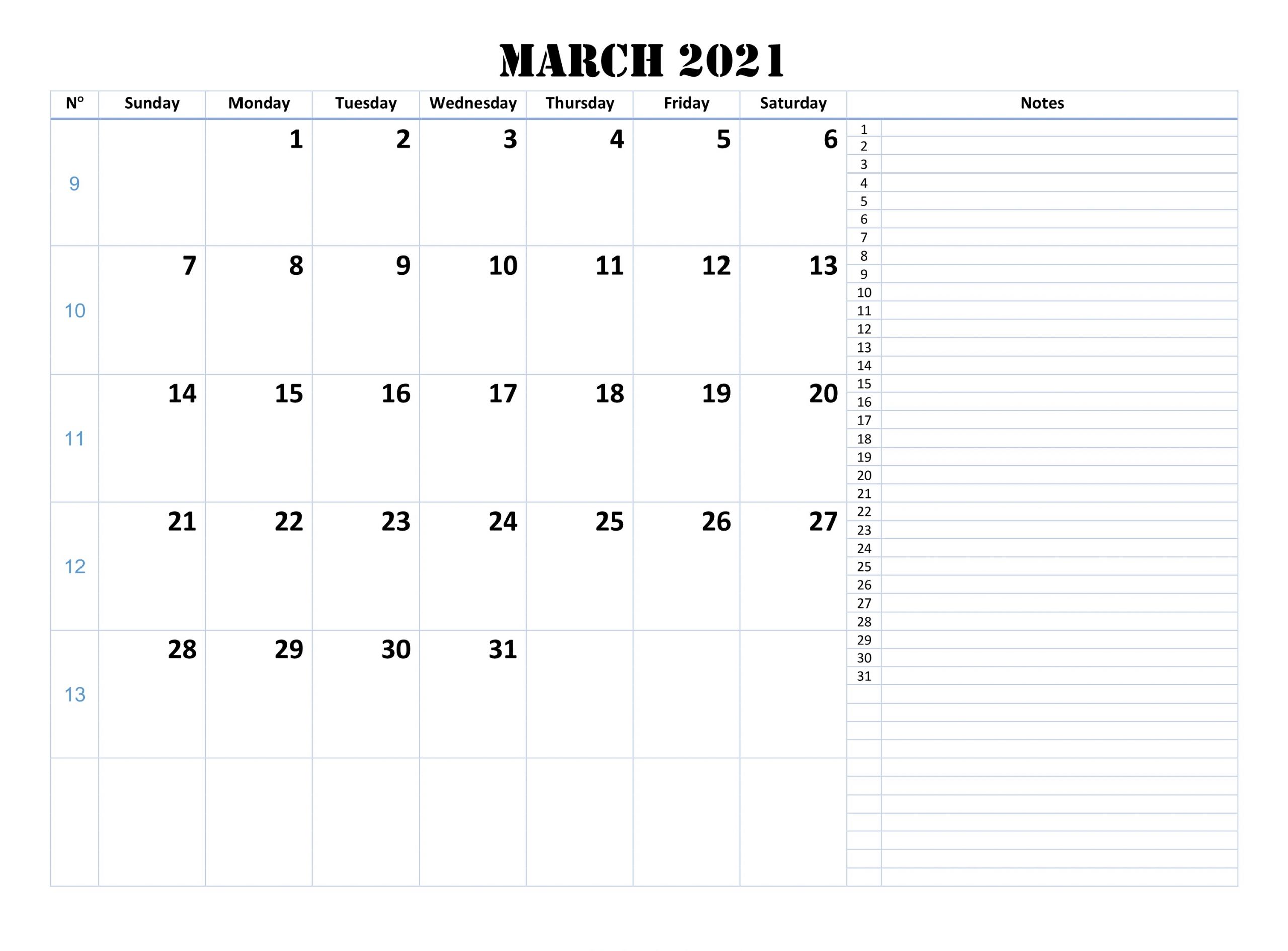 Printable March 2021 Calendar with Notes