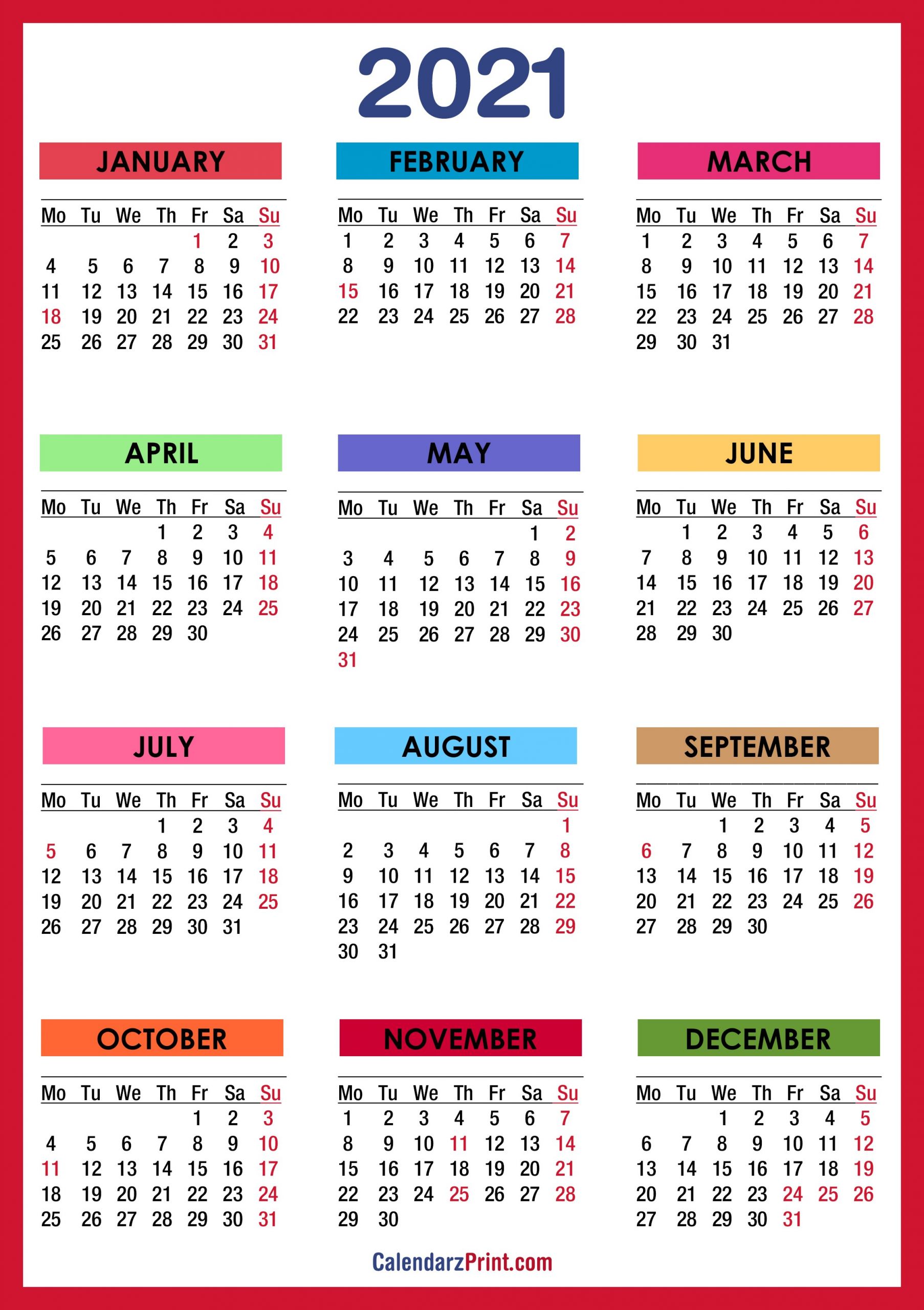 2021 Calendar with Holidays Printable Free Colorful Red
