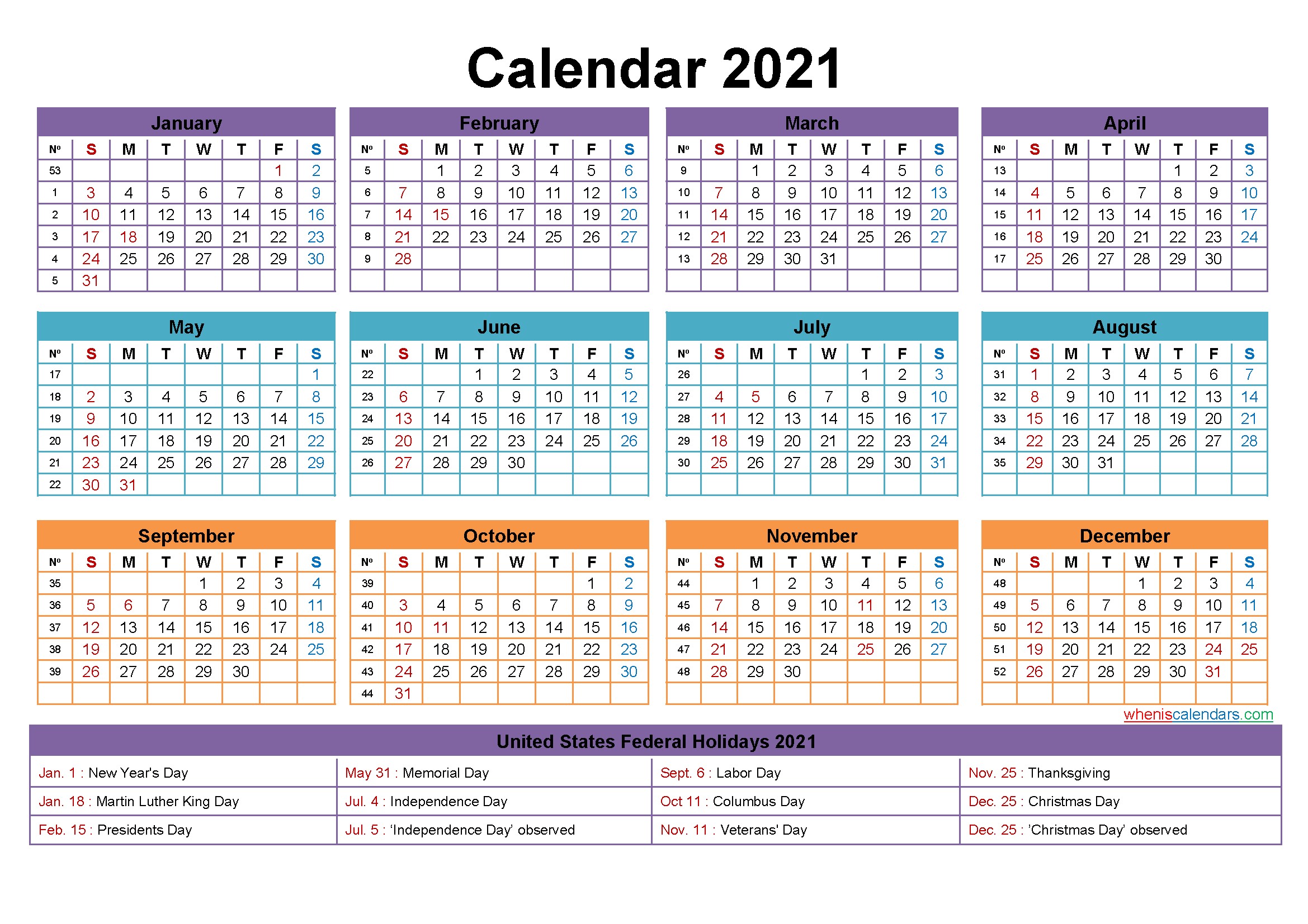 Free Editable Printable Calendar 2021 – Template No