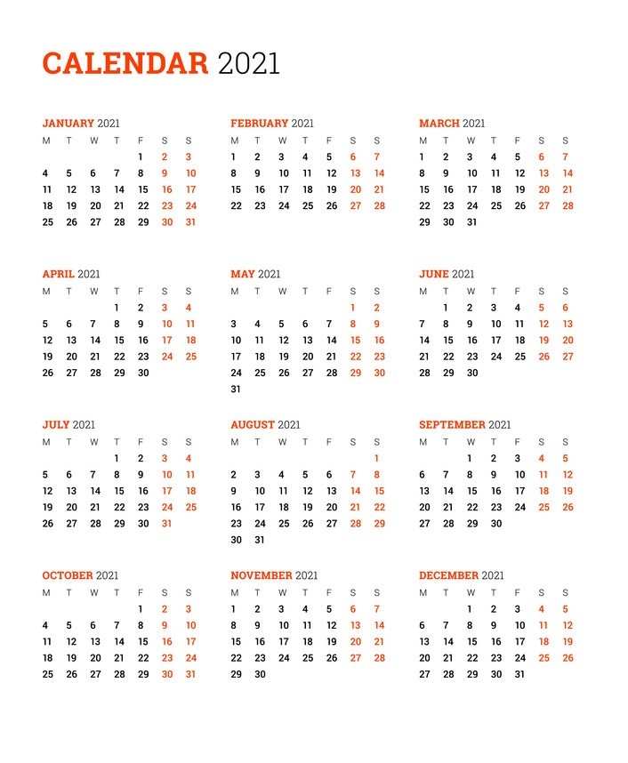 2021 Calendar Printable 12 Months All in e