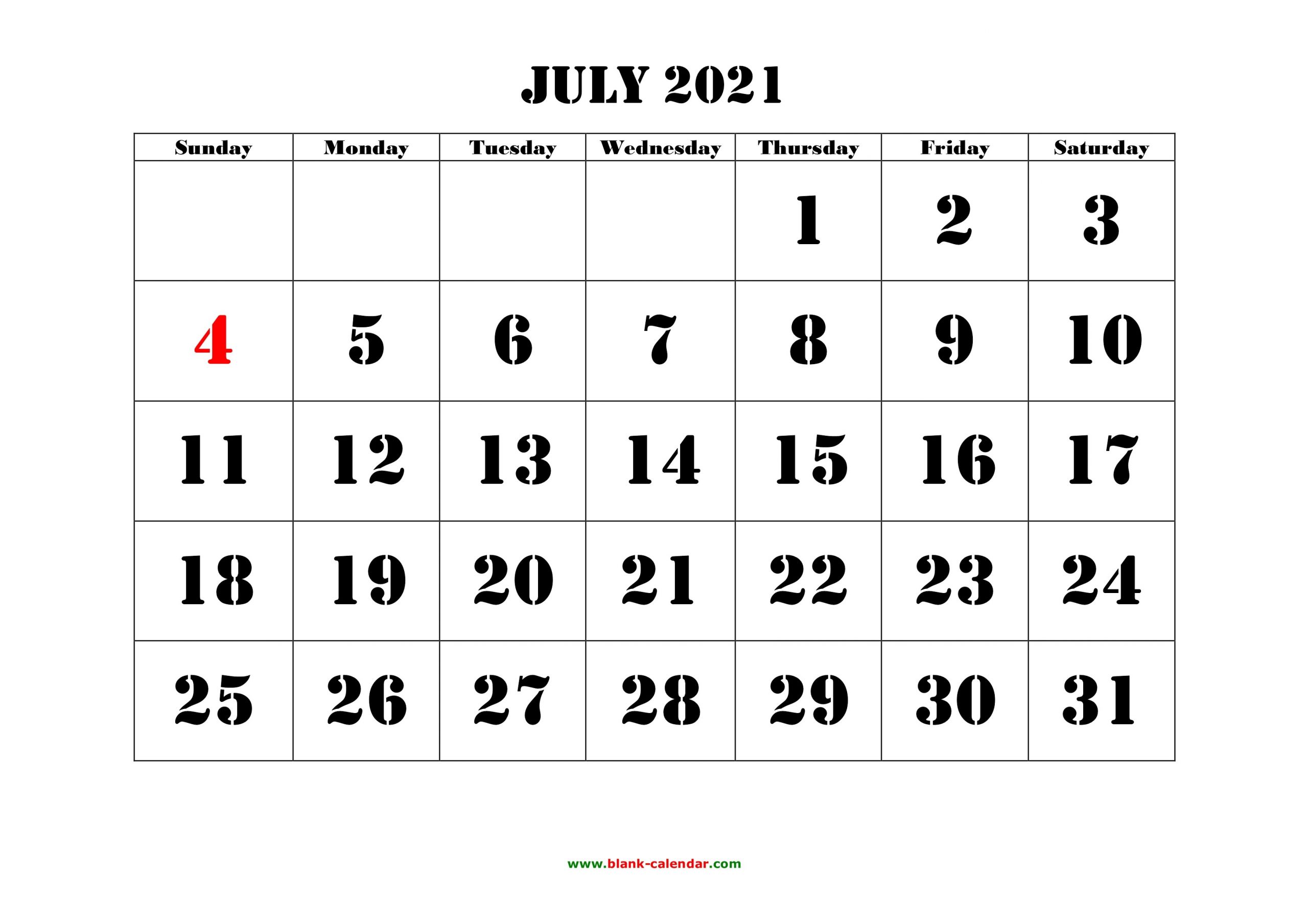 Free Download Printable July 2021 Calendar large font