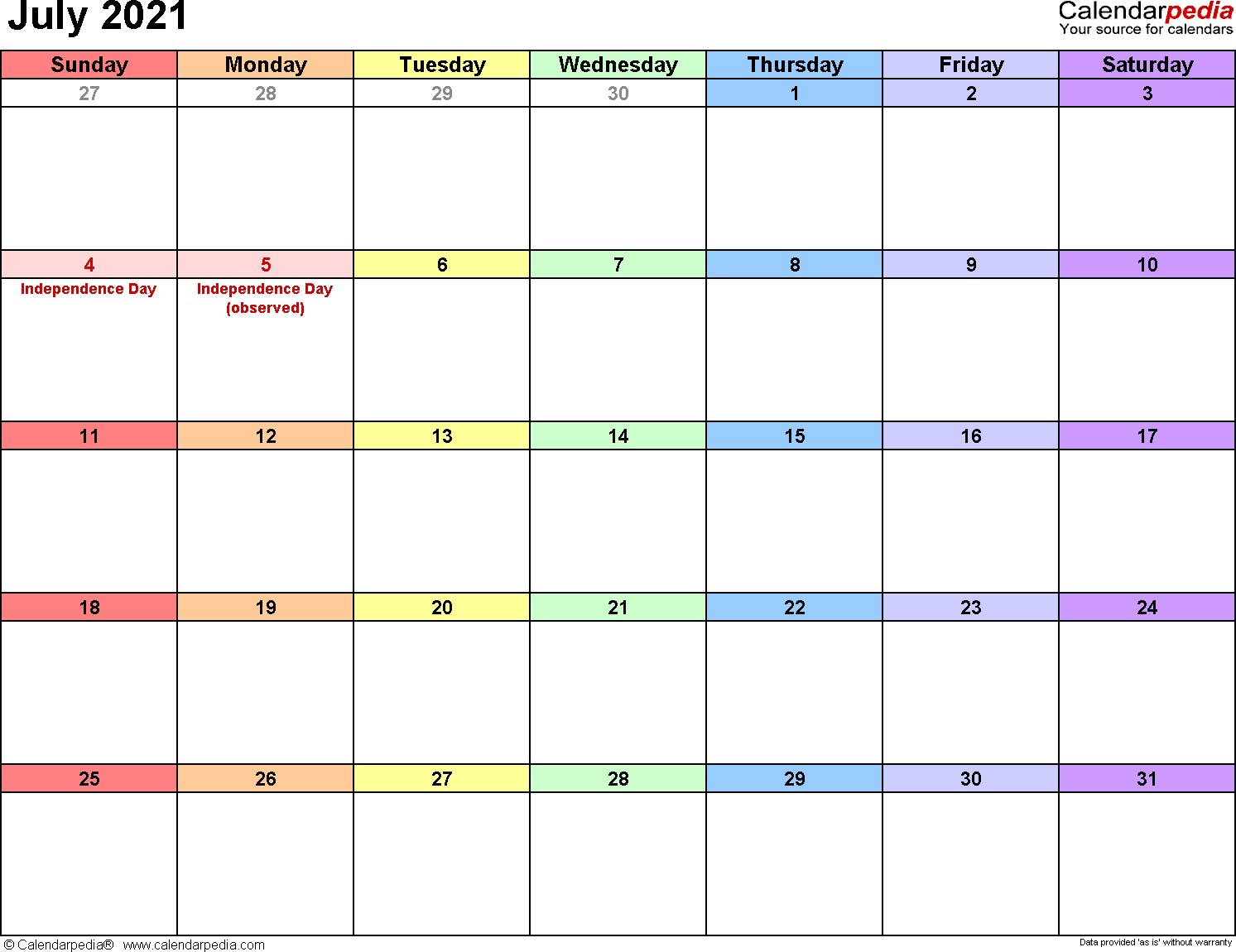 July 2021 calendar templates for Word Excel and PDF