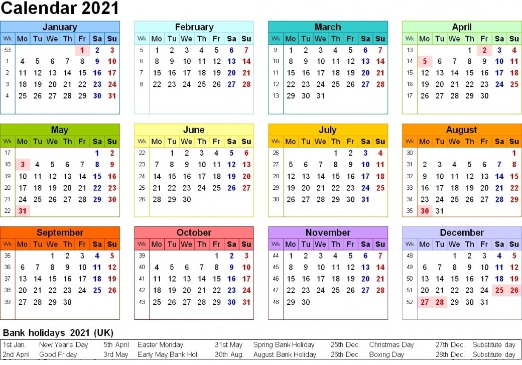Printable 2021 Calendar Uk