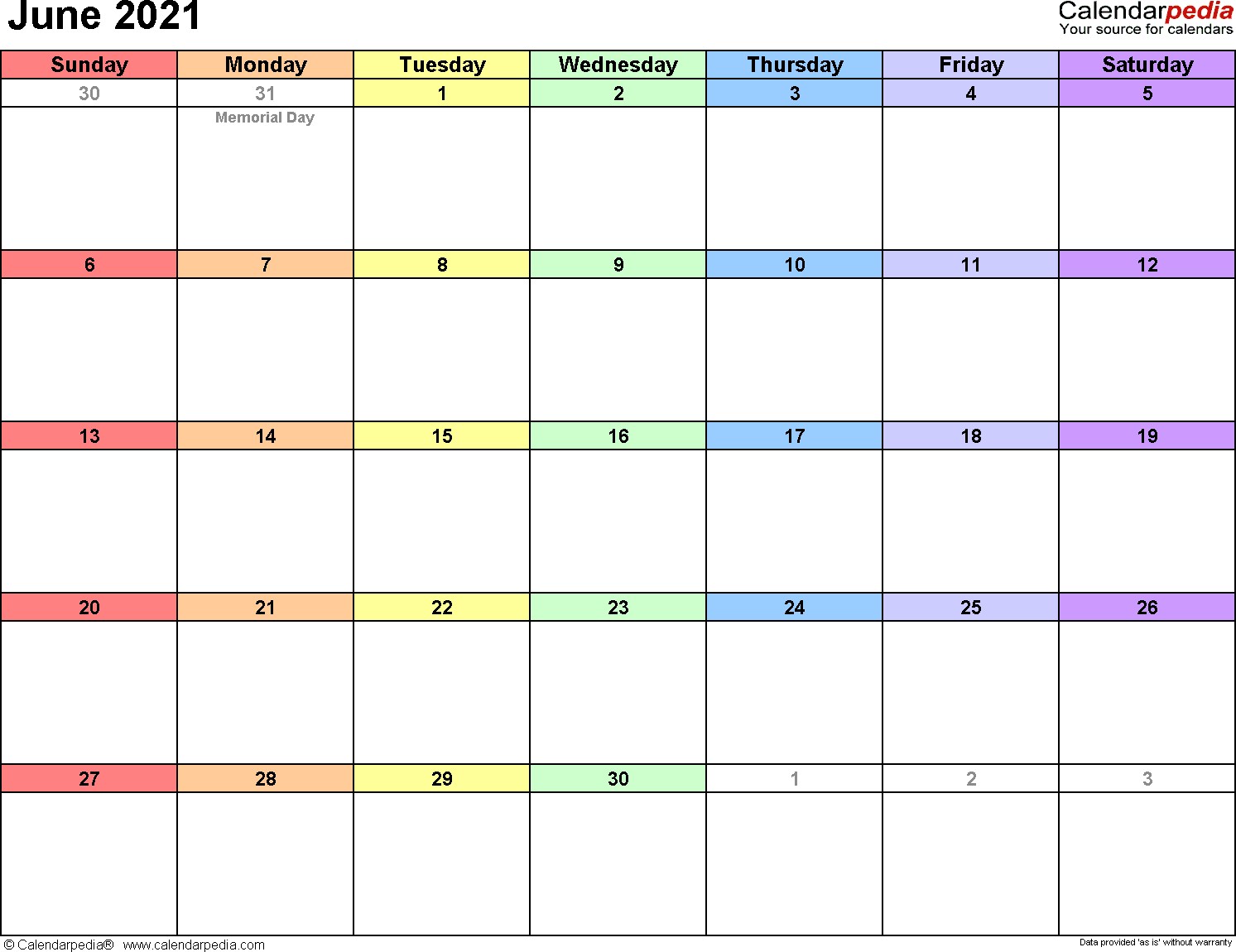 June 2021 calendar templates for Word Excel and PDF