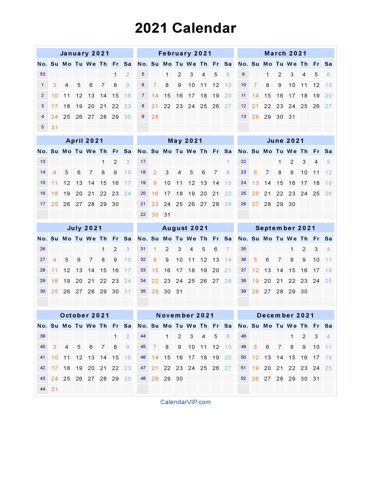 2021 Calendar Blank Printable Calendar Template in PDF