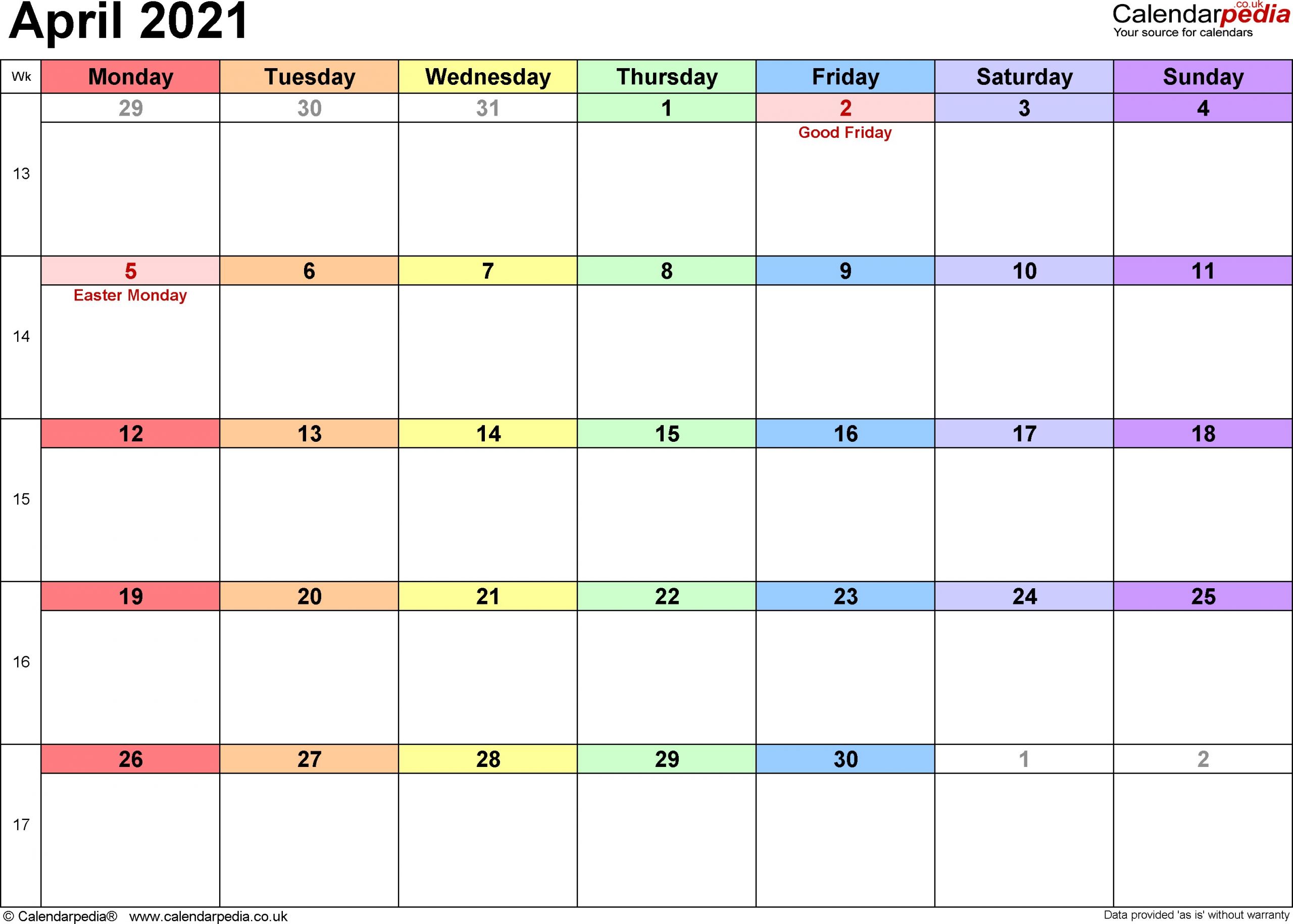 Calendar April 2021 UK Bank Holidays Excel PDF Word