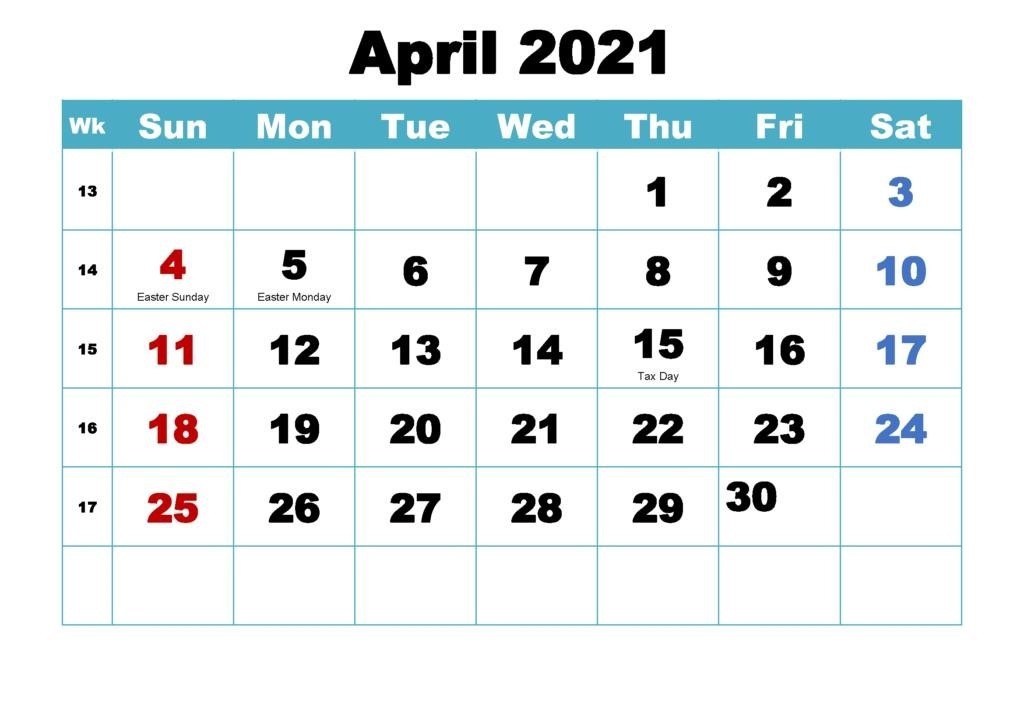 April 2021 Calendar Pdf Free Download With