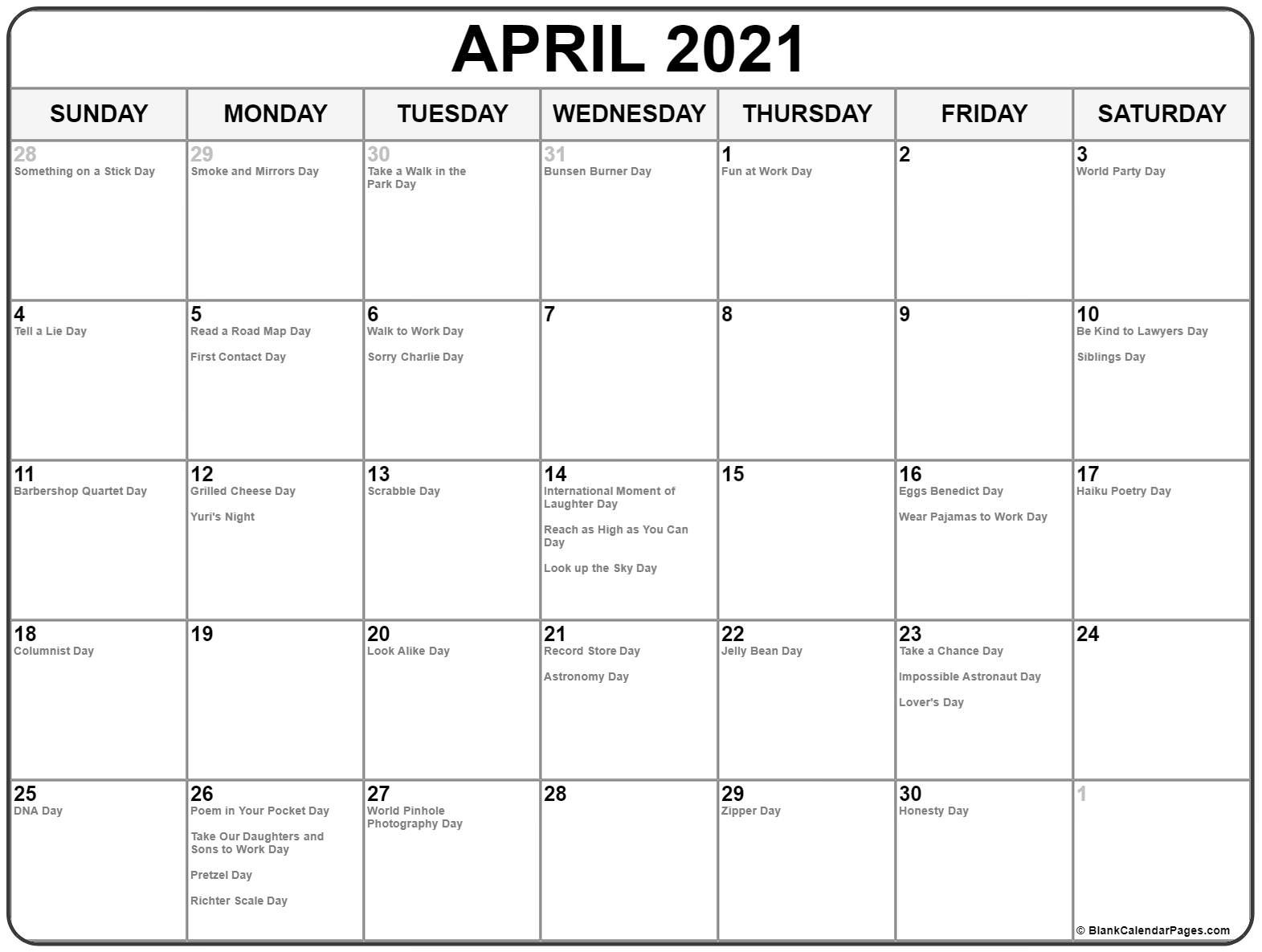 Collection of April 2021 calendars with holidays