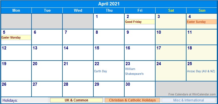 April 2021 UK Calendar with Holidays for printing image