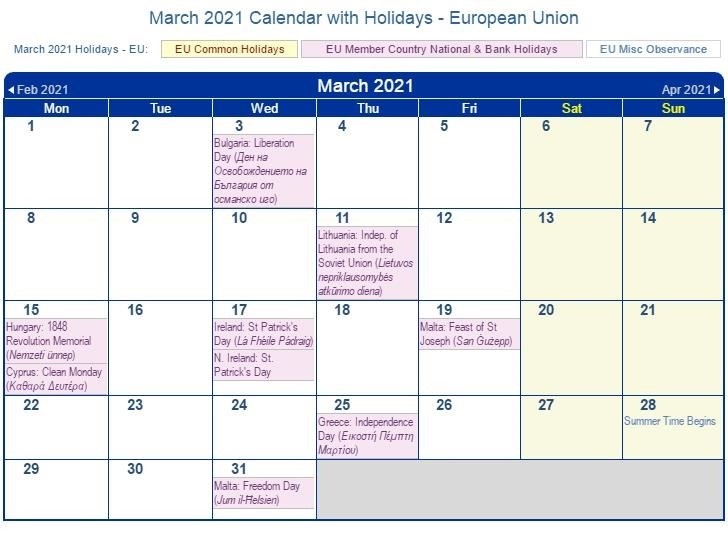 List Holidays In March 2021 Free Printable Calendar