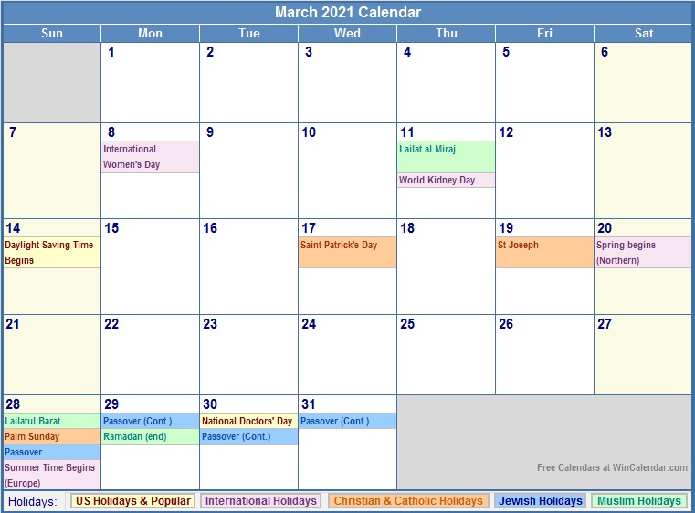 March 2021 Calendar with Holidays as Picture