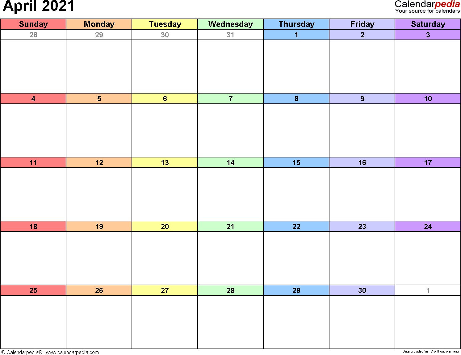 April 2021 calendar templates for Word Excel and PDF