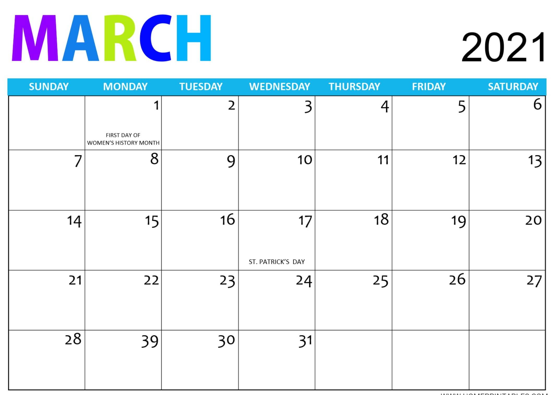 Cute March 2021 Calendar With Notes