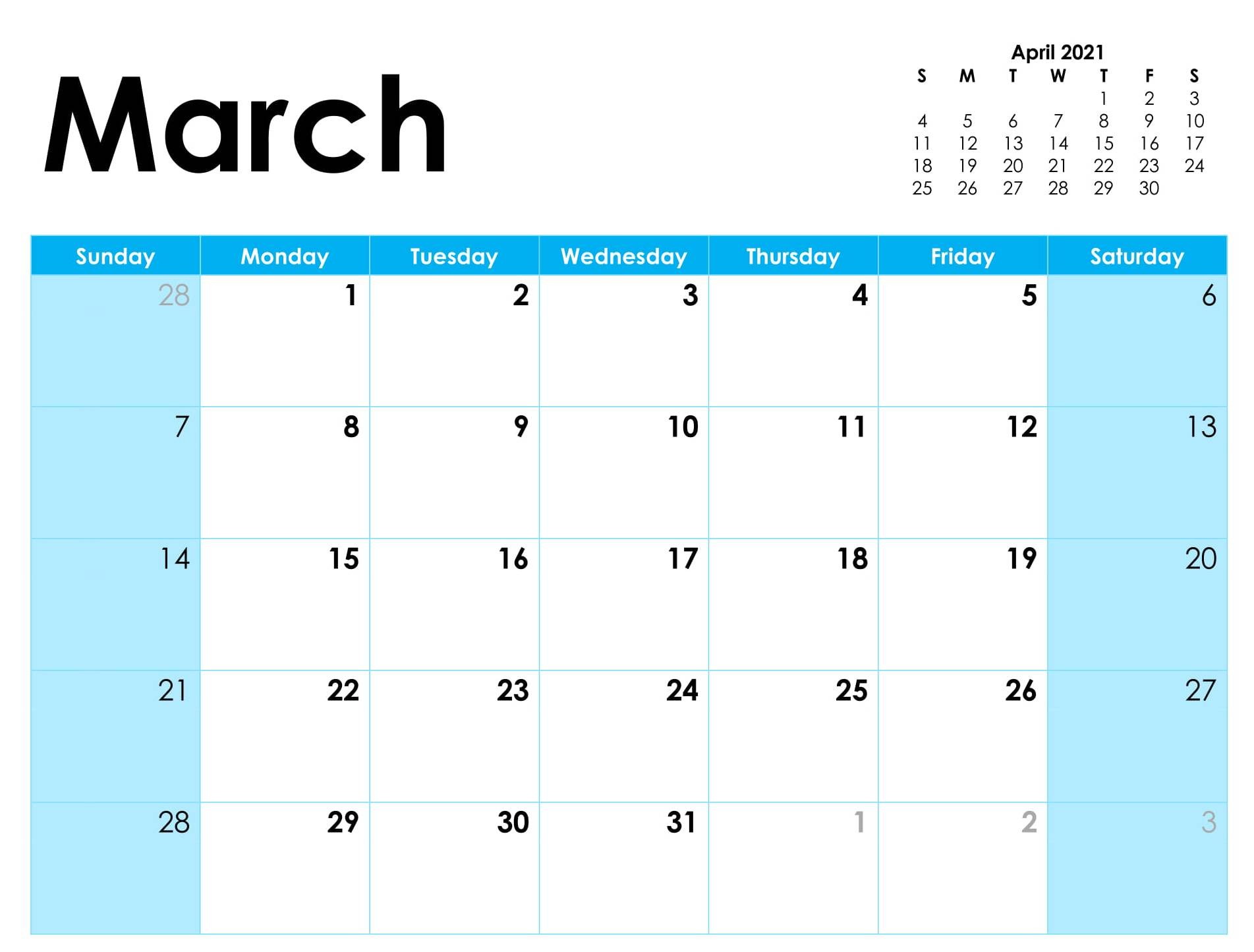 Free Calendar For March 2021 Template