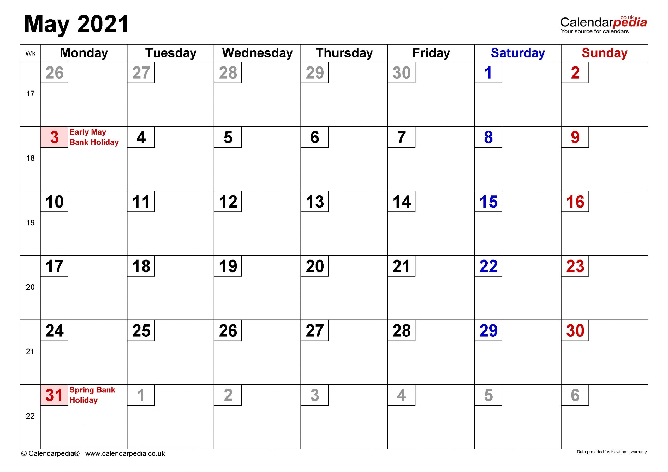 Calendar May 2021 UK with Excel Word and PDF templates