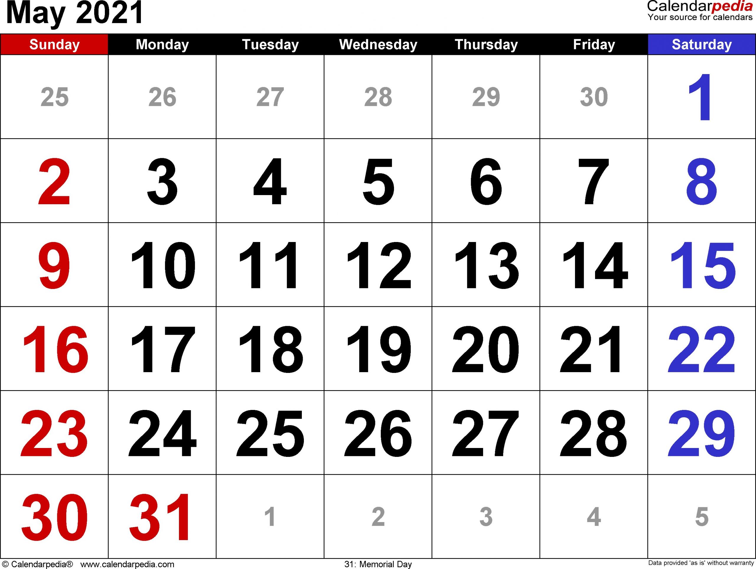 May 2021 calendar templates for Word Excel and PDF
