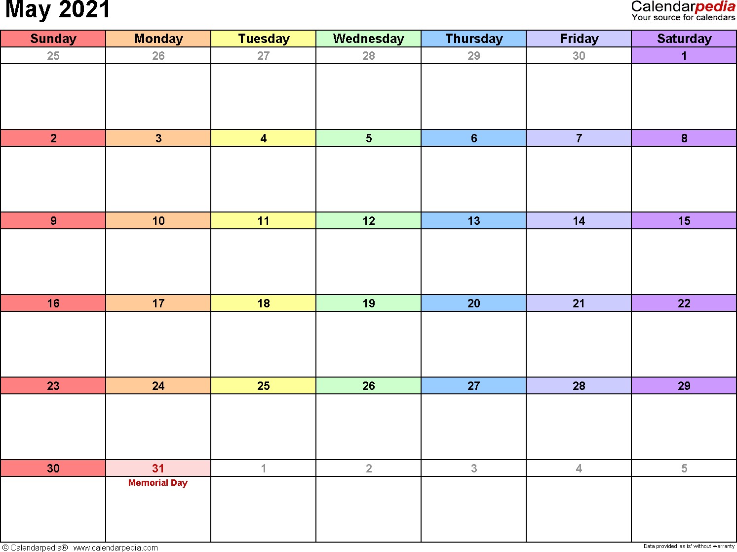 May 2021 calendar templates for Word Excel and PDF