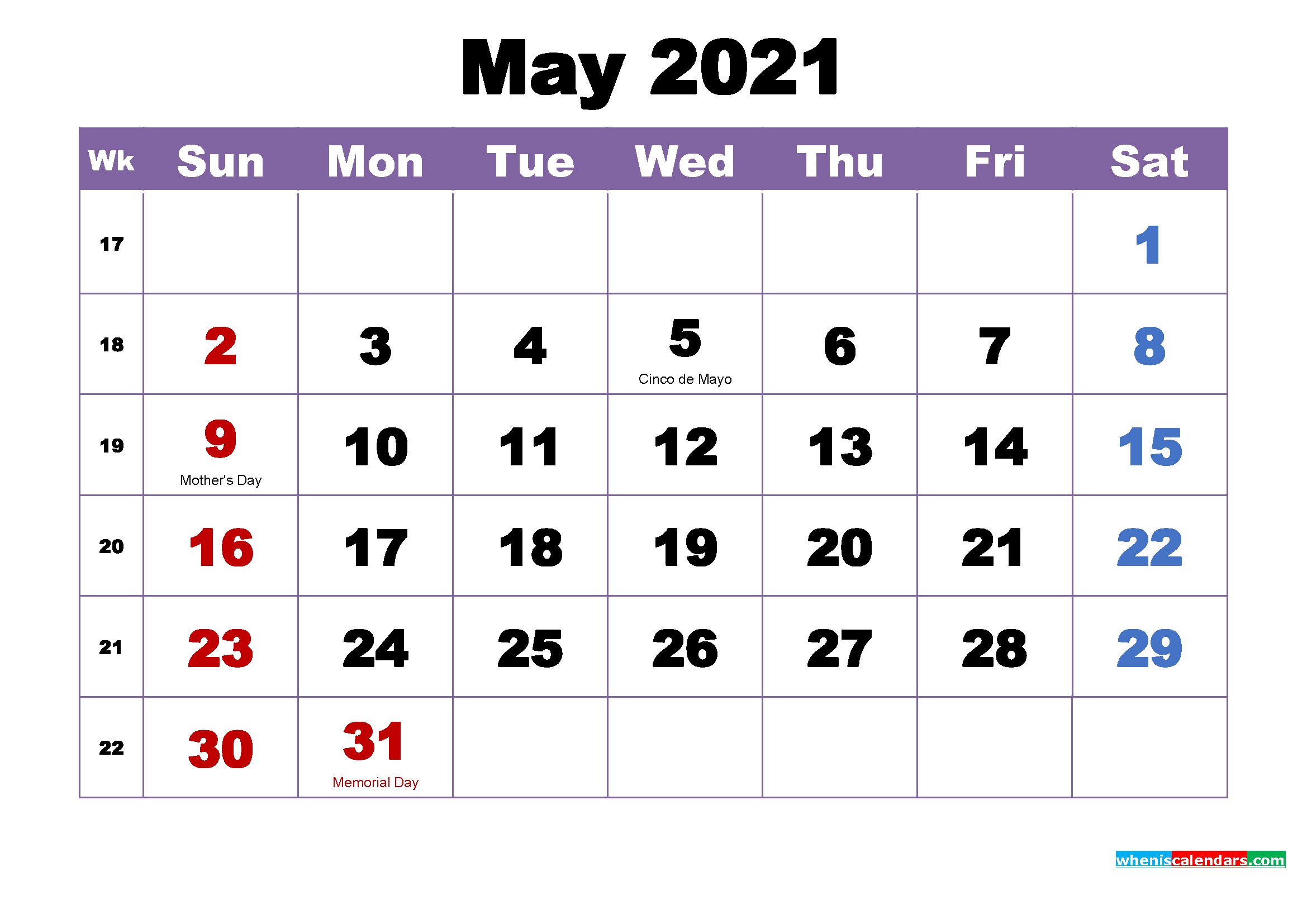 May 2021 Printable Calendar with Holidays Word PDF