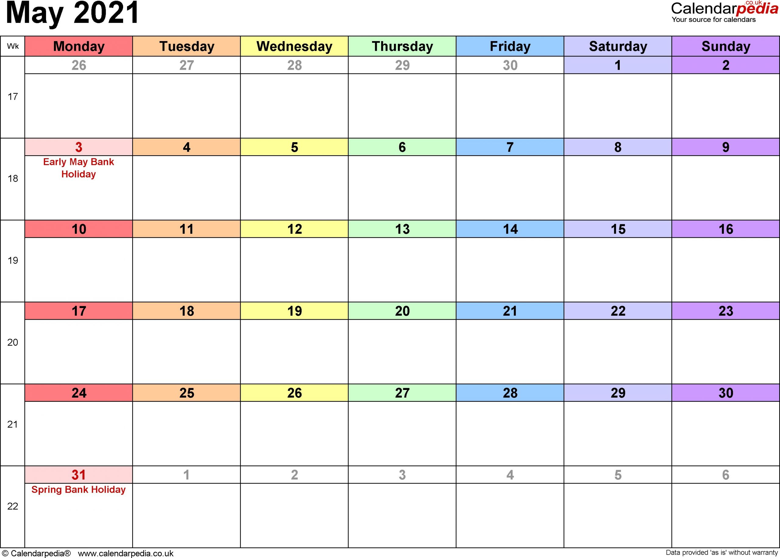 Calendar May 2021 UK Bank Holidays Excel PDF Word Templates