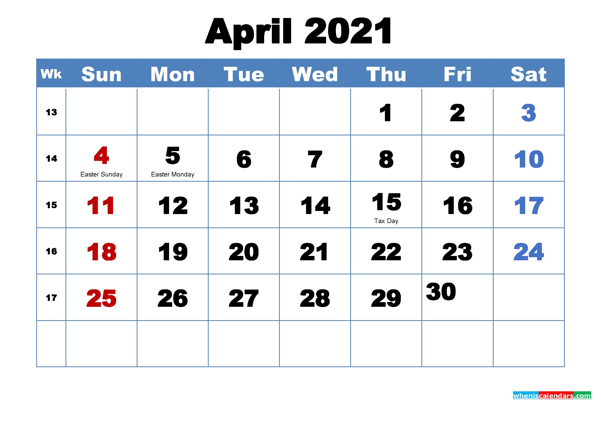 Printable April 2021 Calendar with Holidays – Free