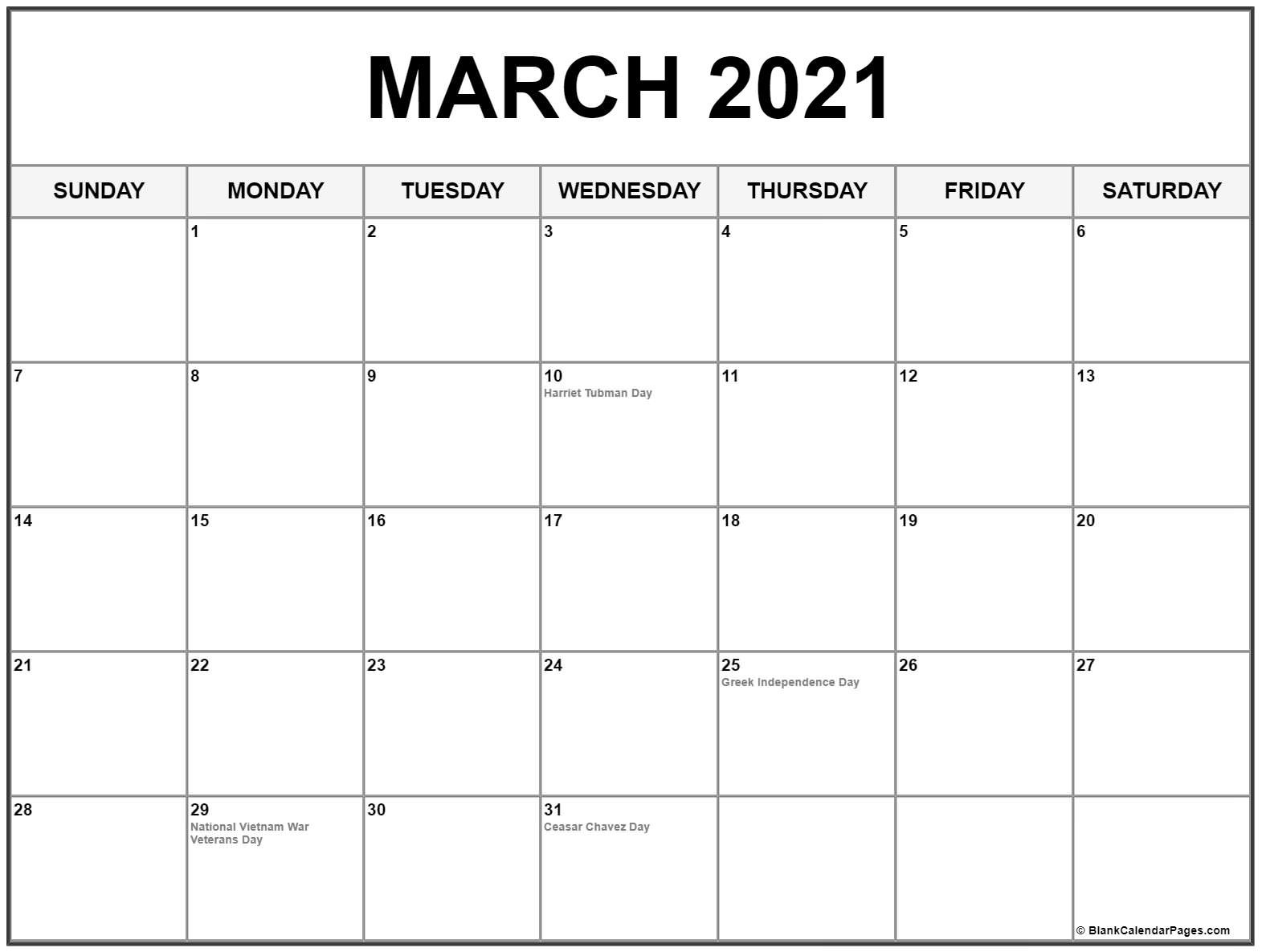 March 2021 calendar with holidays