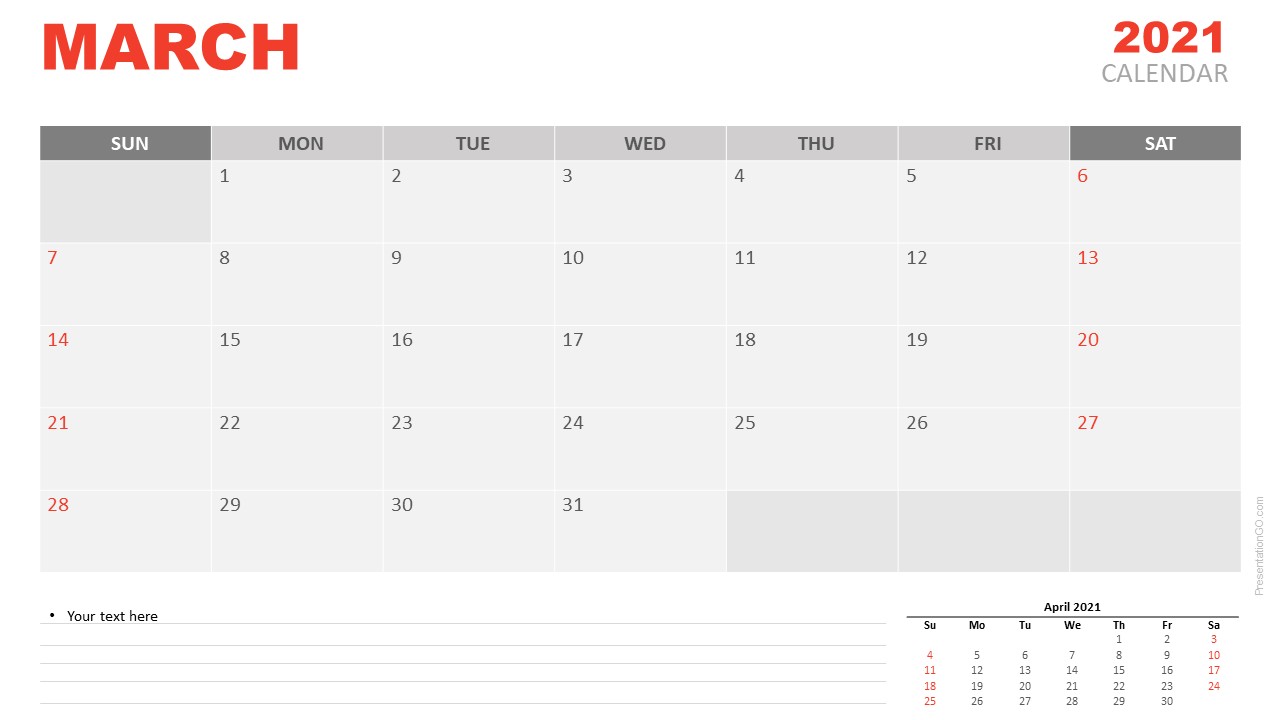 March 2021 Calendar for PowerPoint and Google Slides