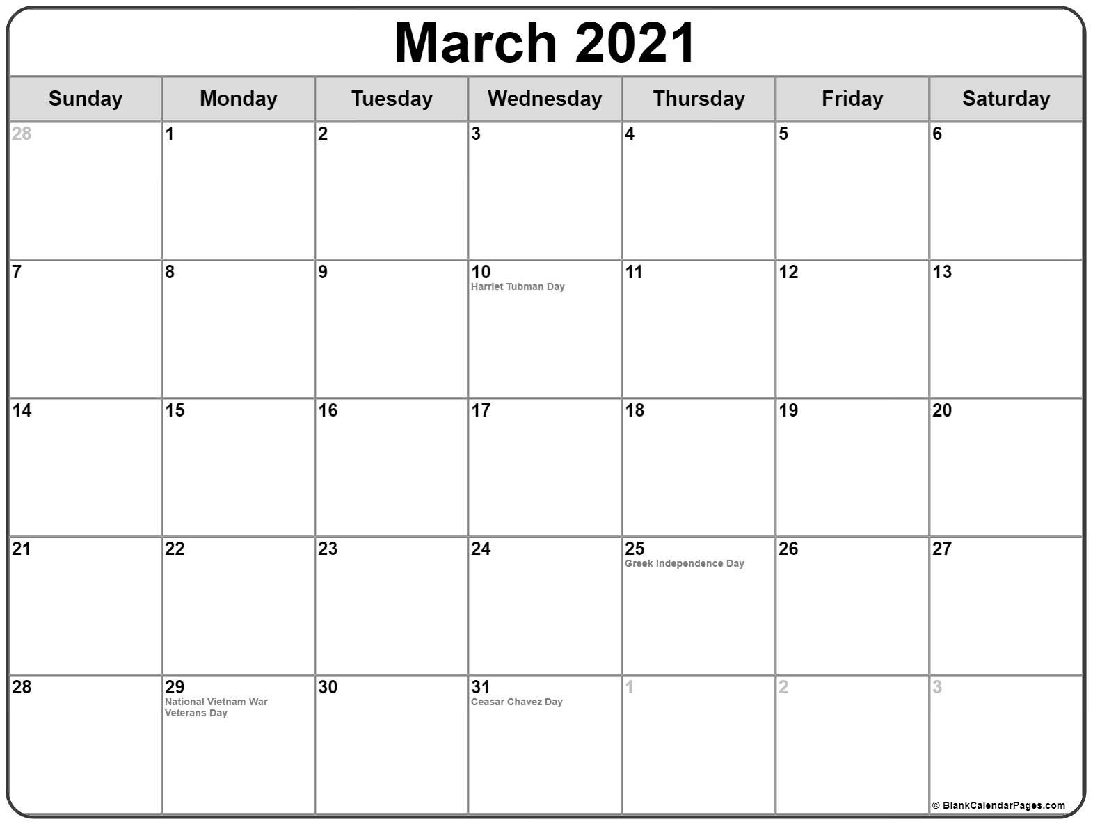 March 2021 calendar with holidays