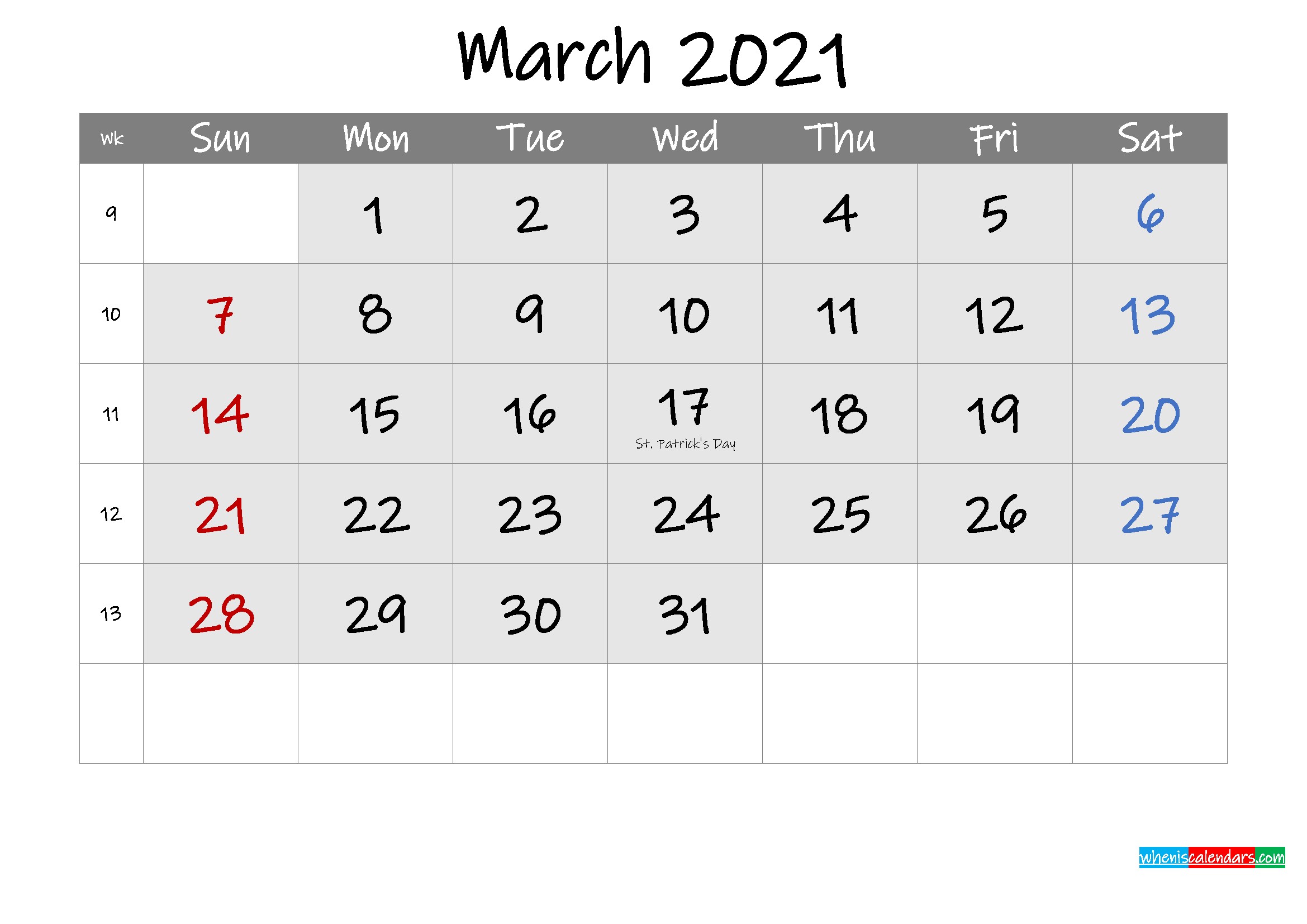 Free Printable March 2021 Calendar with Holidays