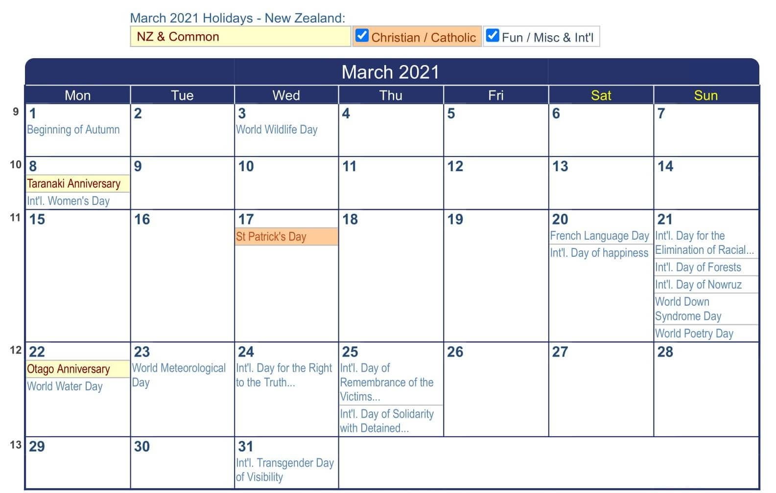 March 2021 Calendar NZ Printable with Bank & Federal
