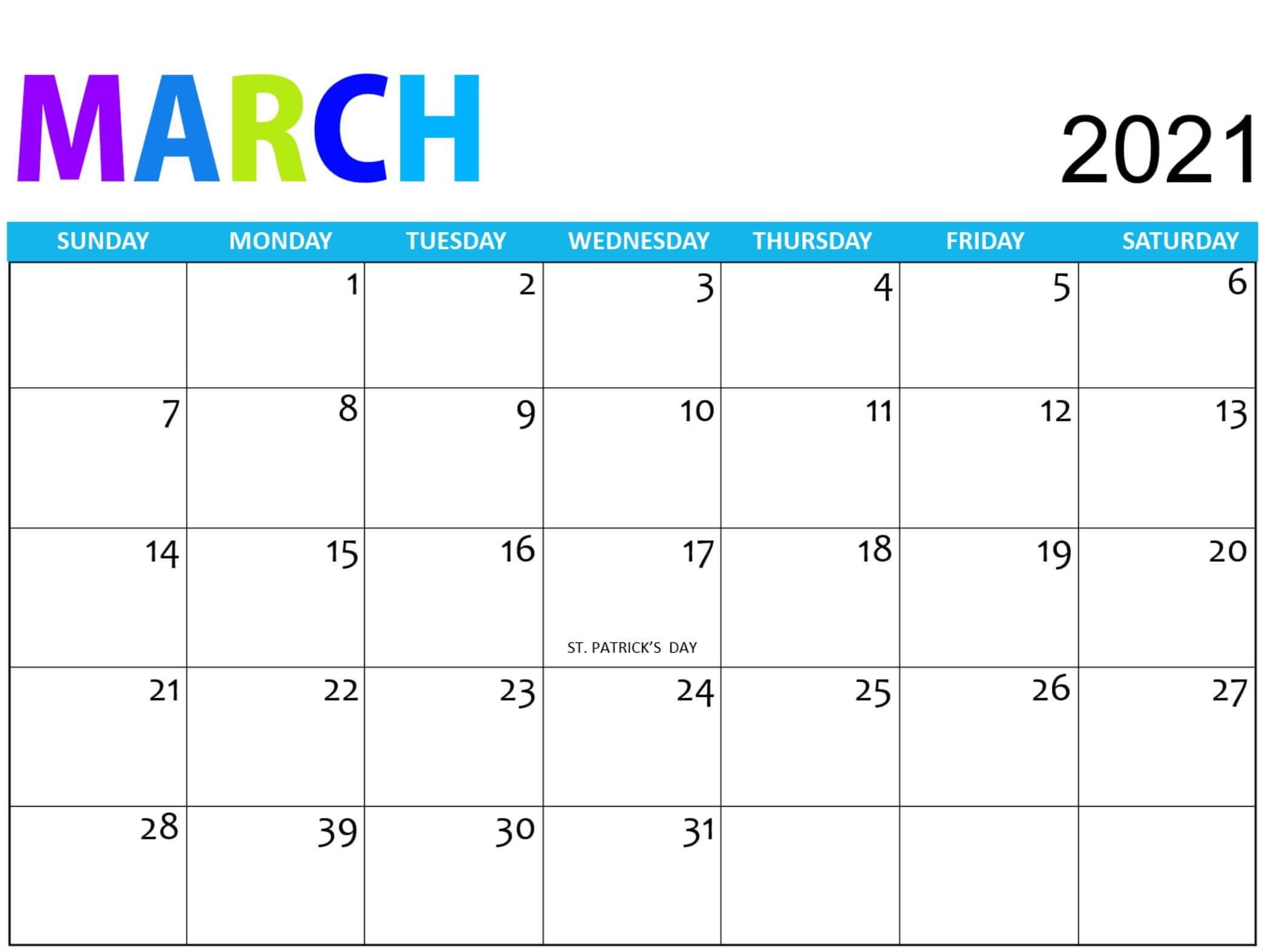 Free March 2021 Calendar Vacations List Printable Set