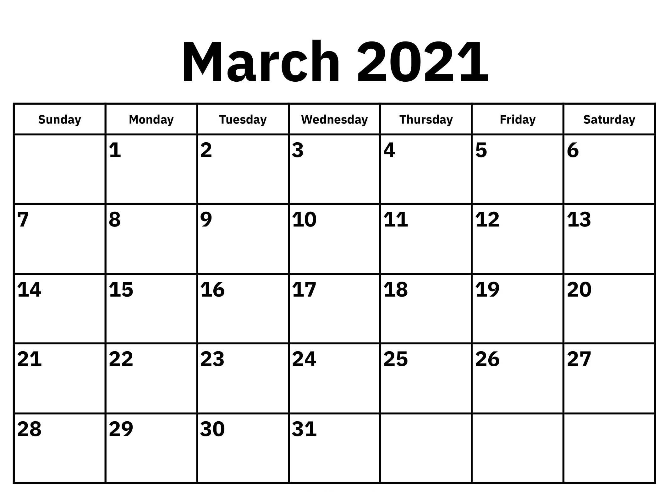 Blank March 2021 Calendar Printable Paper Sheets e