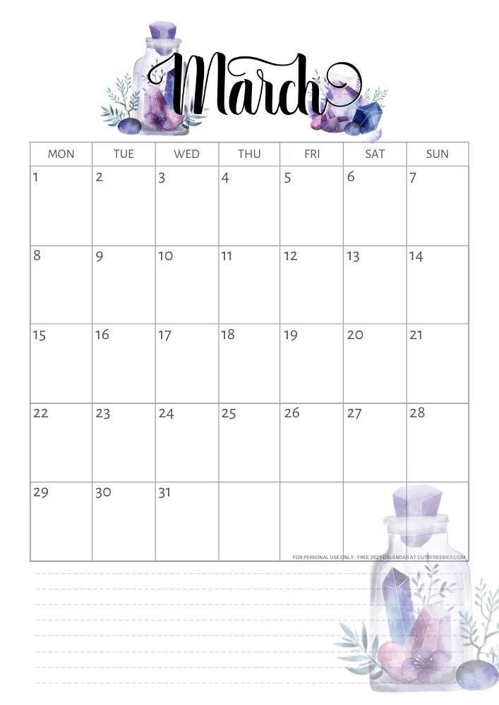 March 2021 calendar printable crystals Cute Freebies For You