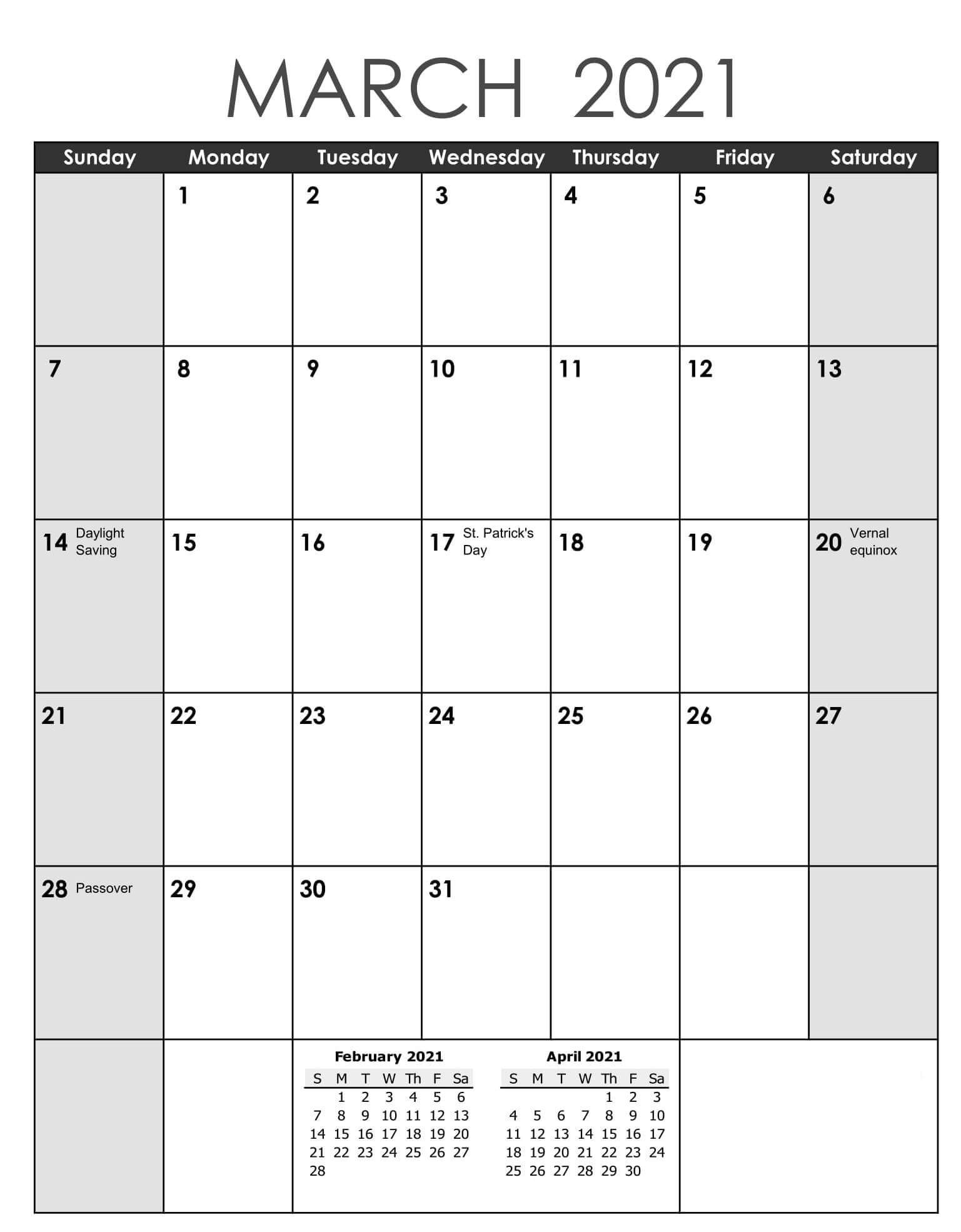 March 2021 Calendar Excel Template Printable e