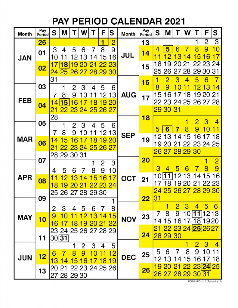 Pay Period Calendar 2021 by Calendar Year – Free Printable