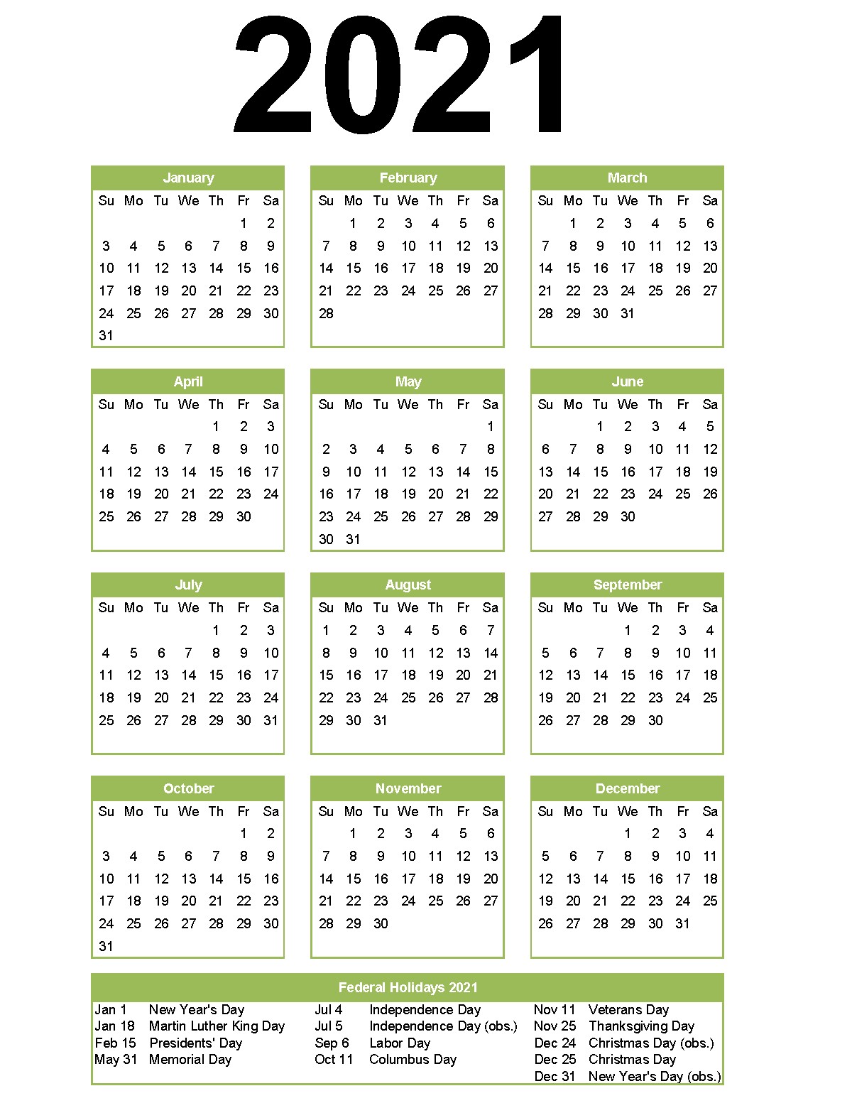 2021 Calendar With Holidays