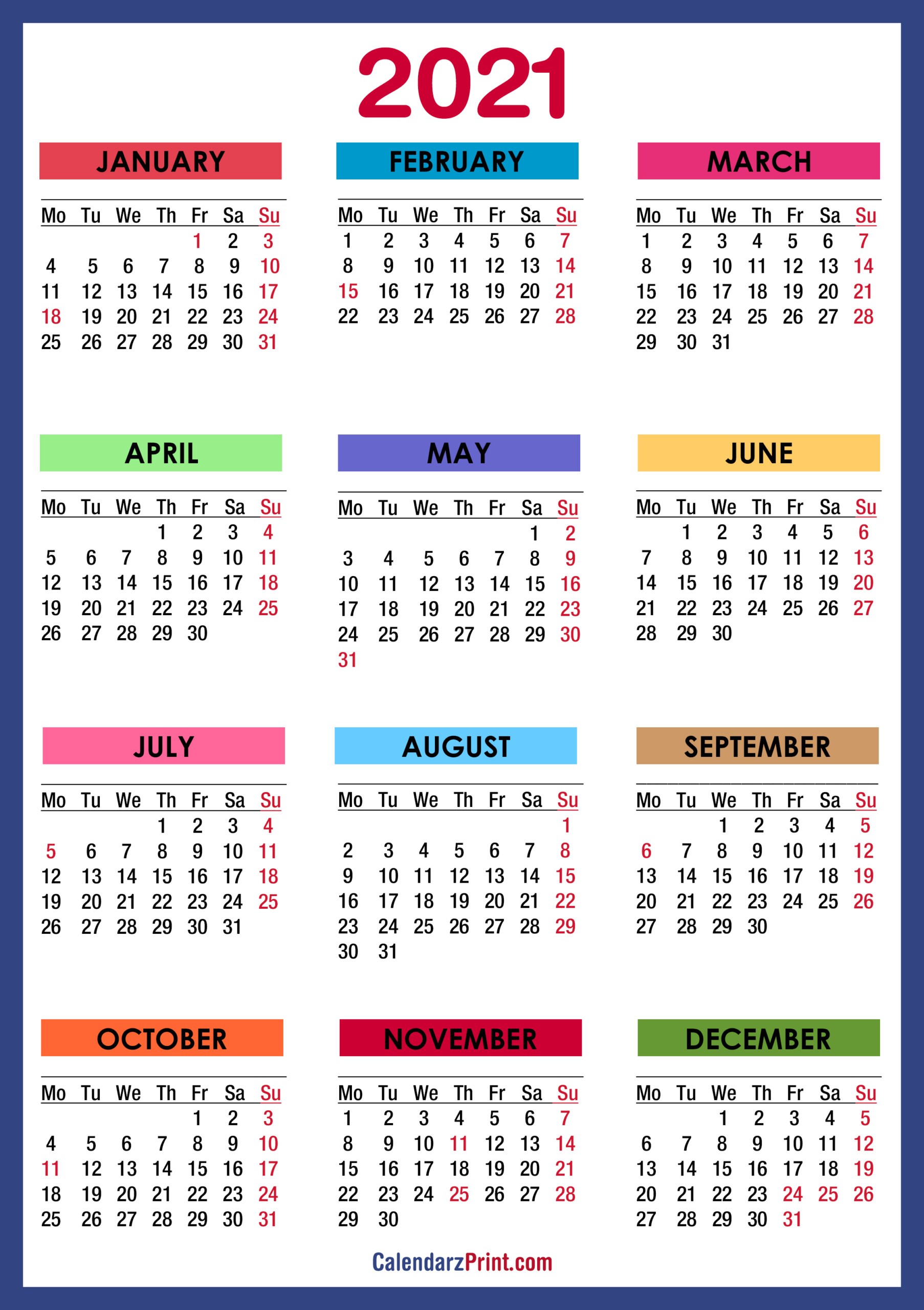 2021 Calendar Printable With Holidays Usa